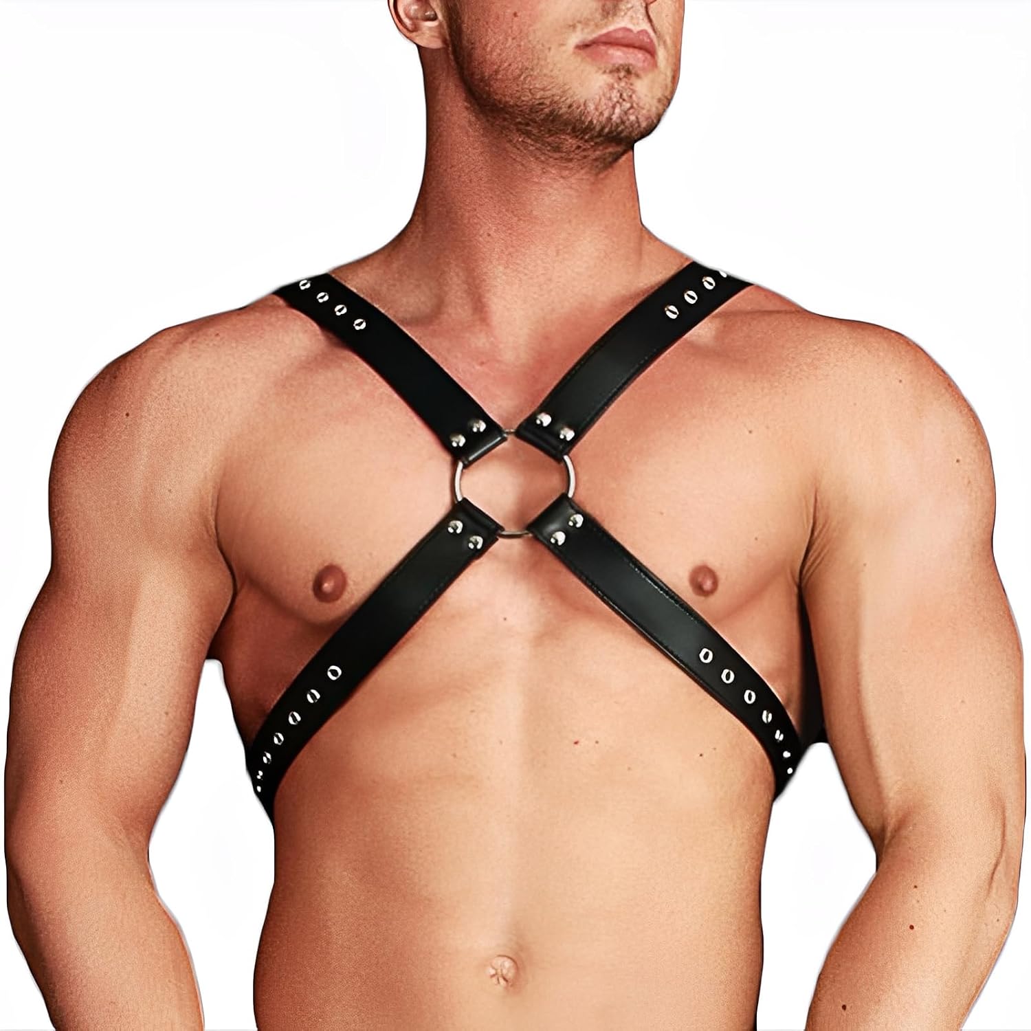 Mens Double-Shoulder Leather Chest Harness, Men's Sexy Punk Body Harness Belt, Adjustable Gothic Erotic Bondaged Strap Top, SM Nightclub Cosplay Clubwear Rave Armor