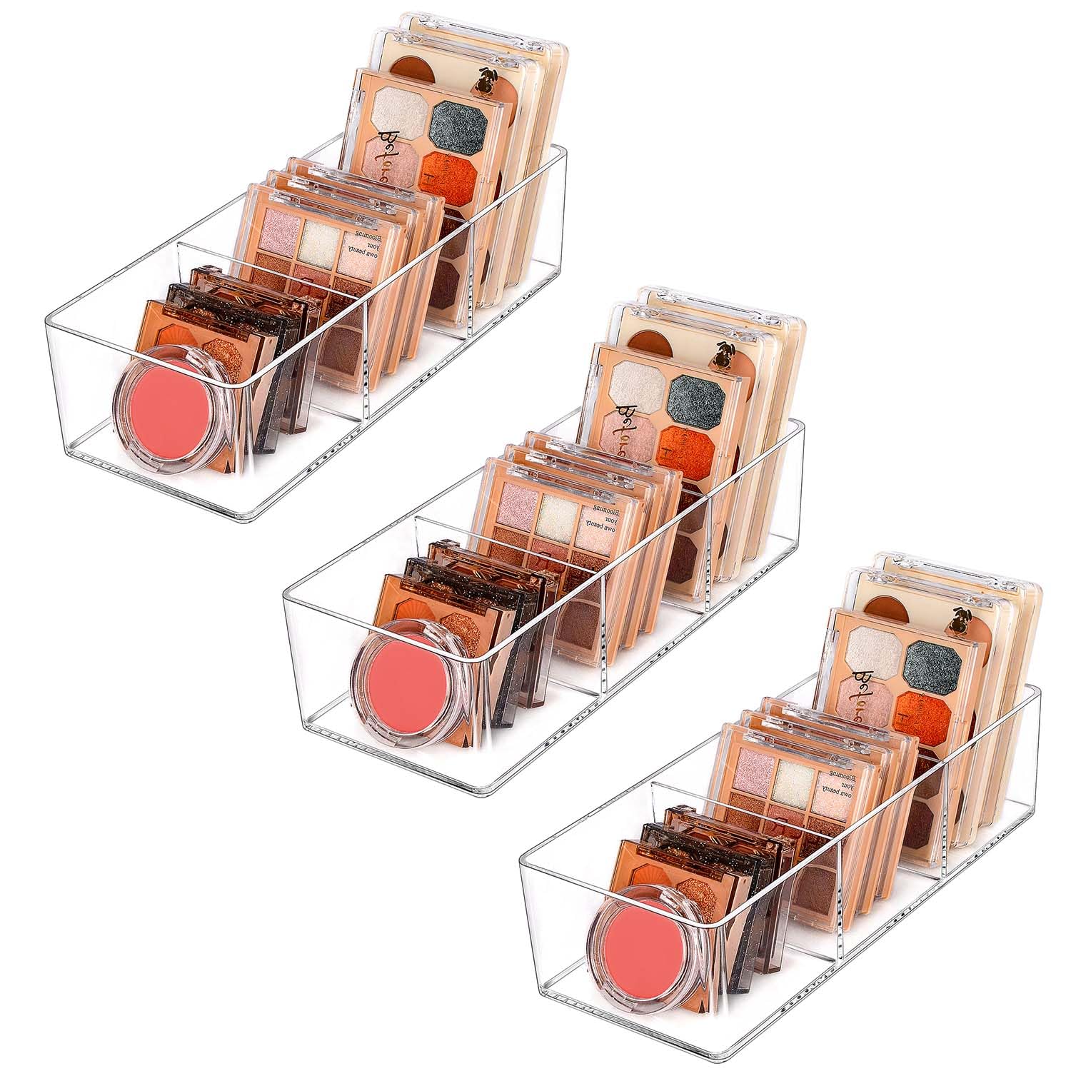 JessLab Acrylic Organizers, Bathroom Organizer for Drawer, Cosmetic Display Cases for Vanity, Countertop, Desk, Kitchen, and Makeup Storage, 3-Section (3 Pack)