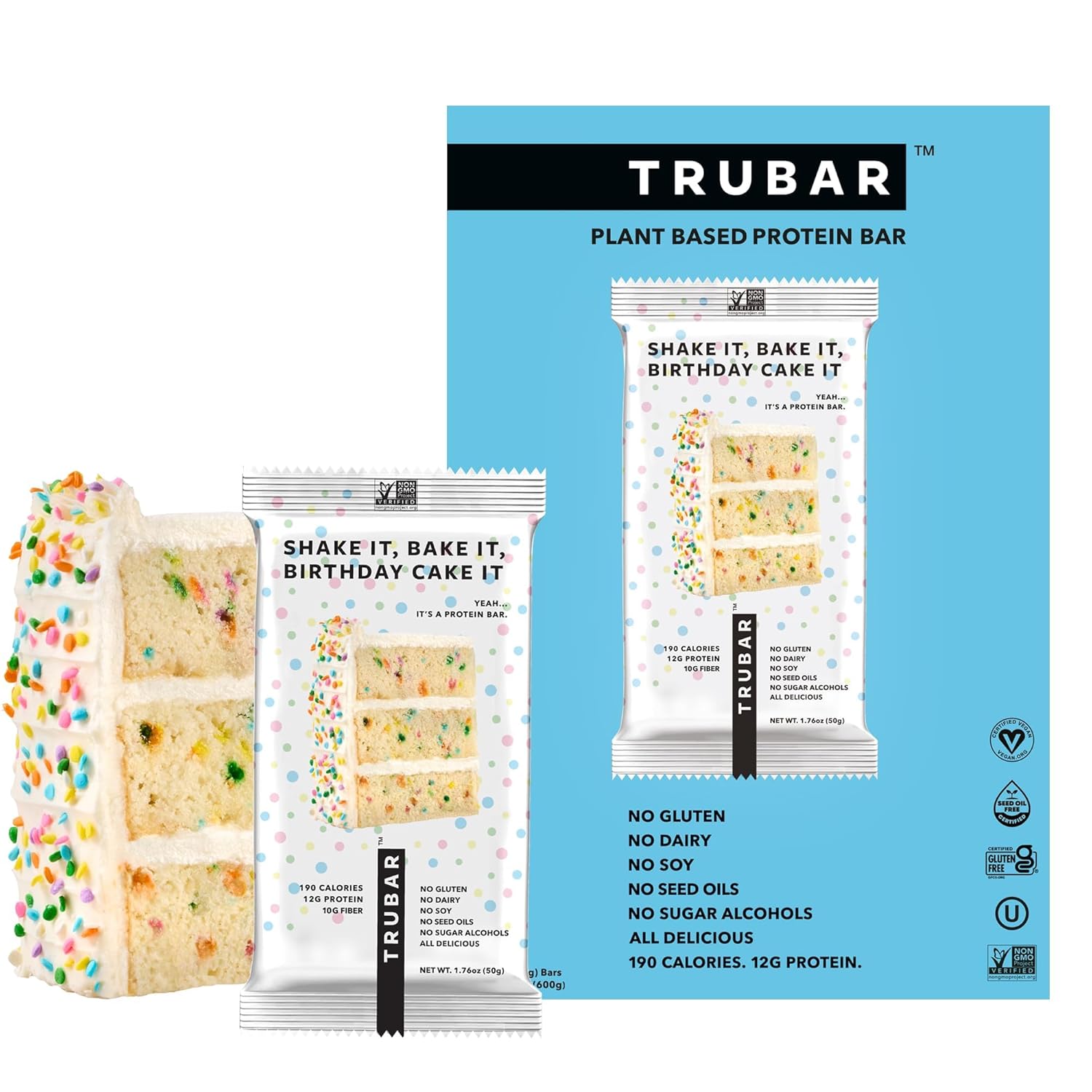 TRUBAR Vegan Protein Bar, Shake it Bake it Birthday Cake it, Gluten Free, Plant Based Protein, Dairy Free, Non GMO, Soy Free, No Sugar Alcohols, 12G Protein, 12G Fiber, 23G Carb, On the Go Snack Bars, 12 ct TRUBAR Vegan Protein Bar, Shake it Bake it Birthday Cake it, Gluten Free, Plant Based Protein, Dairy Free, Non GMO, Soy Free, No Sugar Alcohols, 12G Protein, 12G Fiber, 23G Carb, On the Go Snack Bars, 12 ct