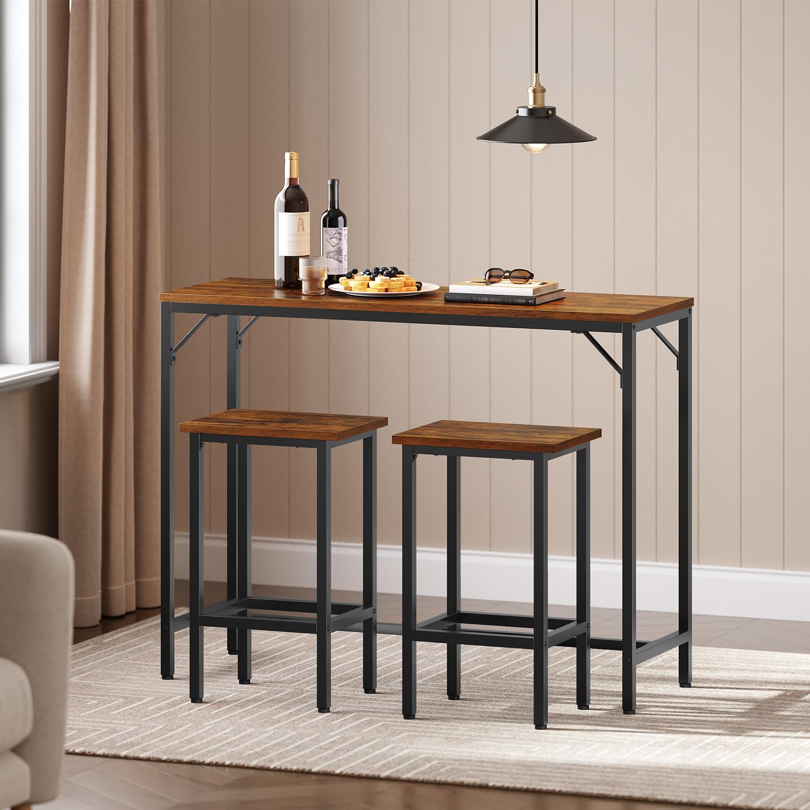 HOOBRO Juego de Mesa y 2 Taburetes de Bar, Estilo Industrial, Mesa de Comedor con 2 Asientos, 120 x 40 x 91 cm, para Sala de Estar, Cafetería, Cocina, Negro y Marrón Rústico EBF46BT01