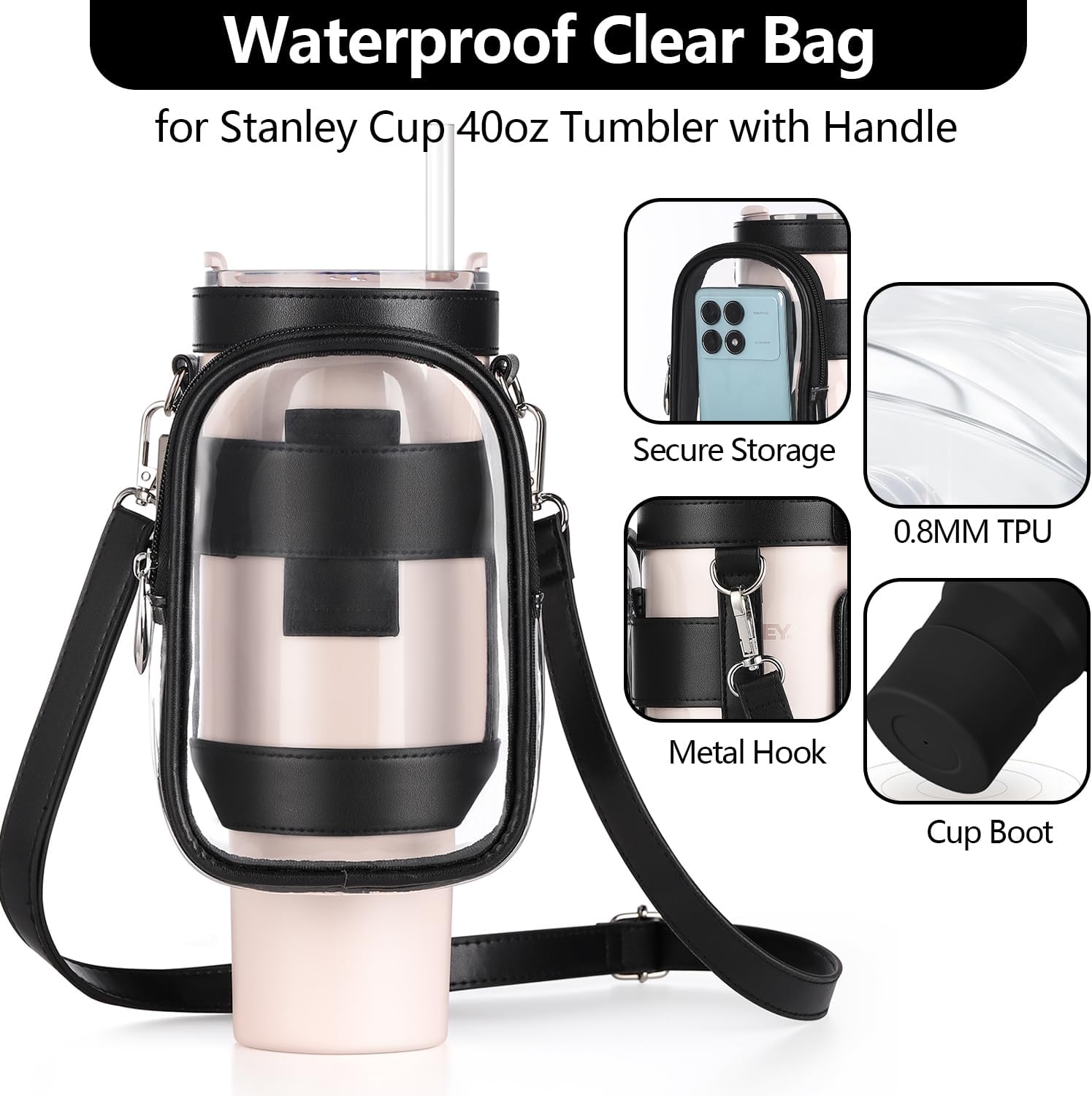 Clear Water Bottle Carrier Bag with Phone Pocket for Stanley Cup 40oz,with Adjustable Shoulder & Handheld Strap Stanley Cup Accessories Edging for Concert Sports (Black) - Image 2