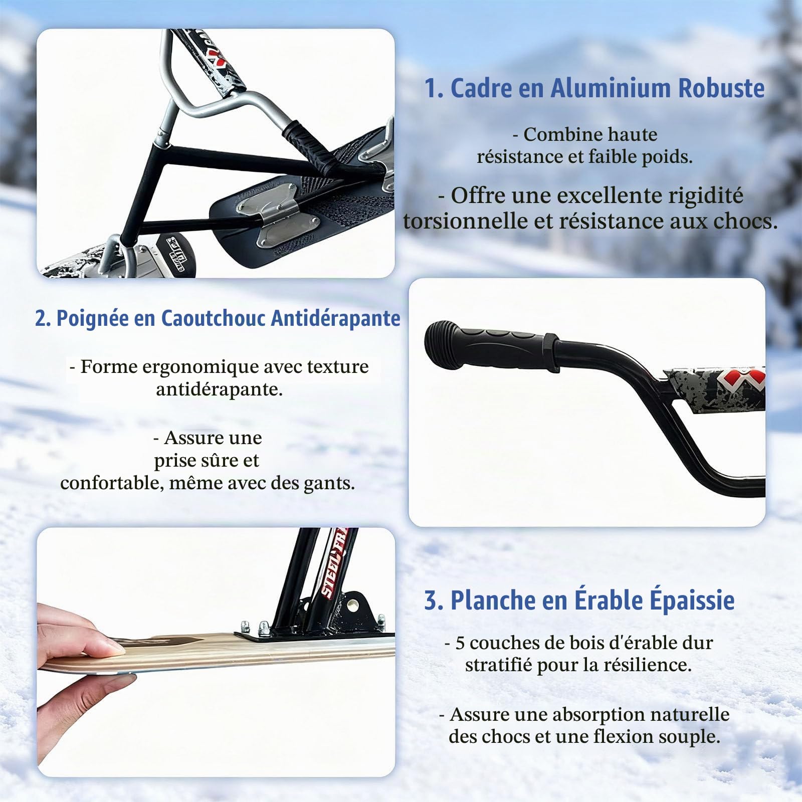 Trottinette des Neiges pour Adultes & Adolescents | Ski Arrière Rotatif 360° | Cadre en Aluminium Renforcé | Luge Tout-Terrain pour Le Hors-Piste, Les Pentes Damées & L'Aventure Neigeuse Black