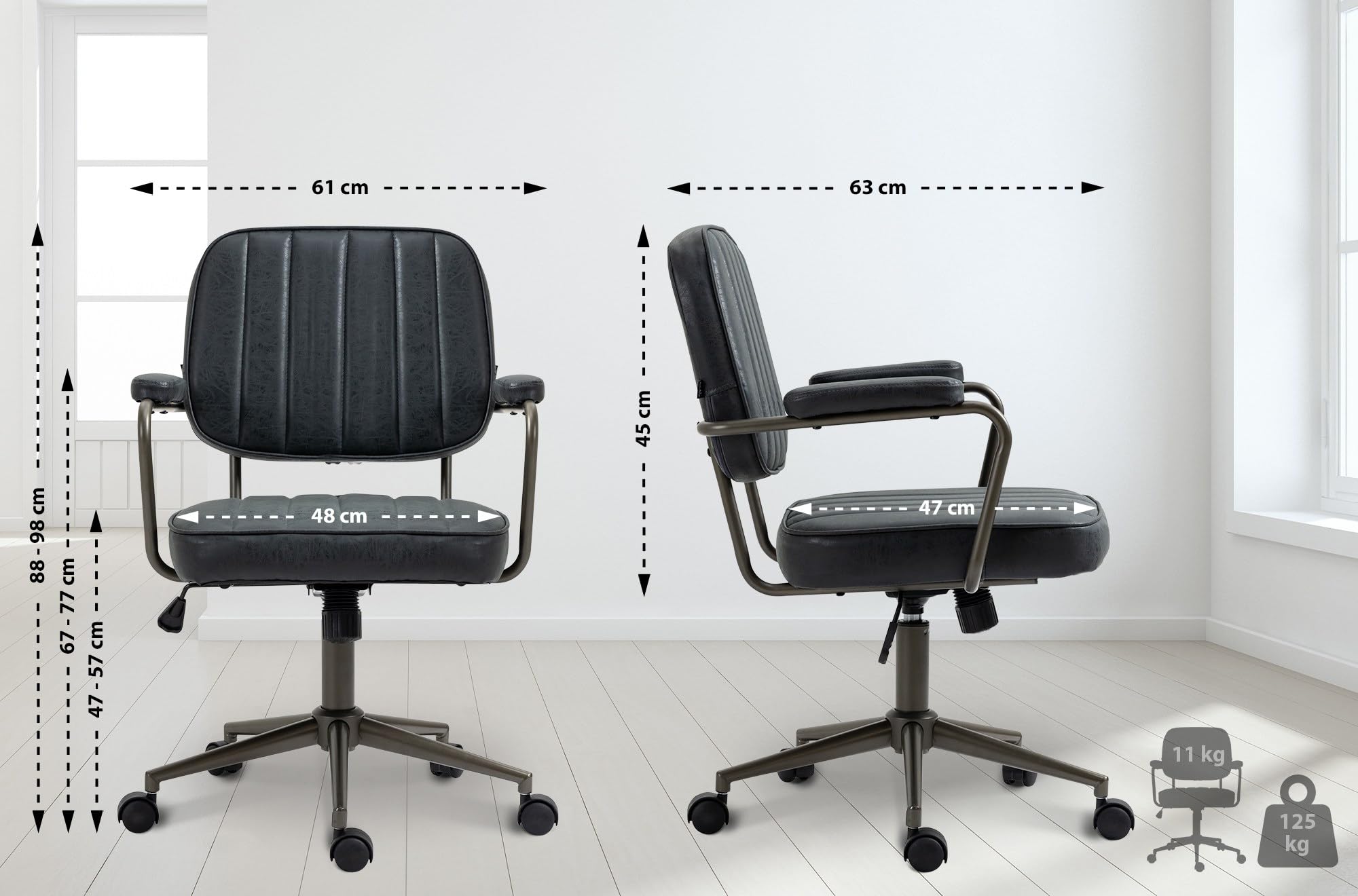 CLP Silla De Trabajo Natrona En Piel Sintética I Silla De Oficina con Look Industrial Acolchada & con Ruedas, Color:Antiguo Negro