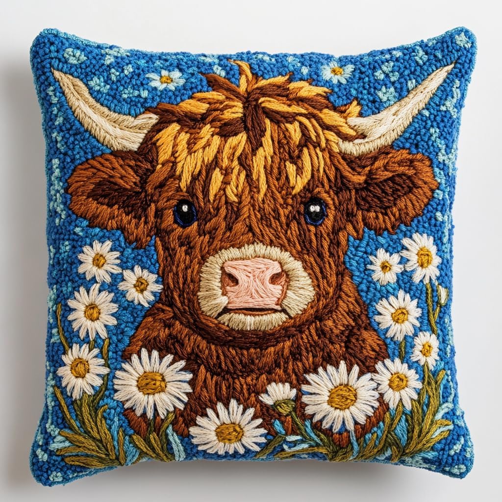DIY Punch Needle Pillow Kit Cute Highland Cow Daisy Flowers with Pattern and Hoop Handmade Embroidery Punch Needle Starter Pillowcase Set for Home Sofa Decor 43x43cm-1-15