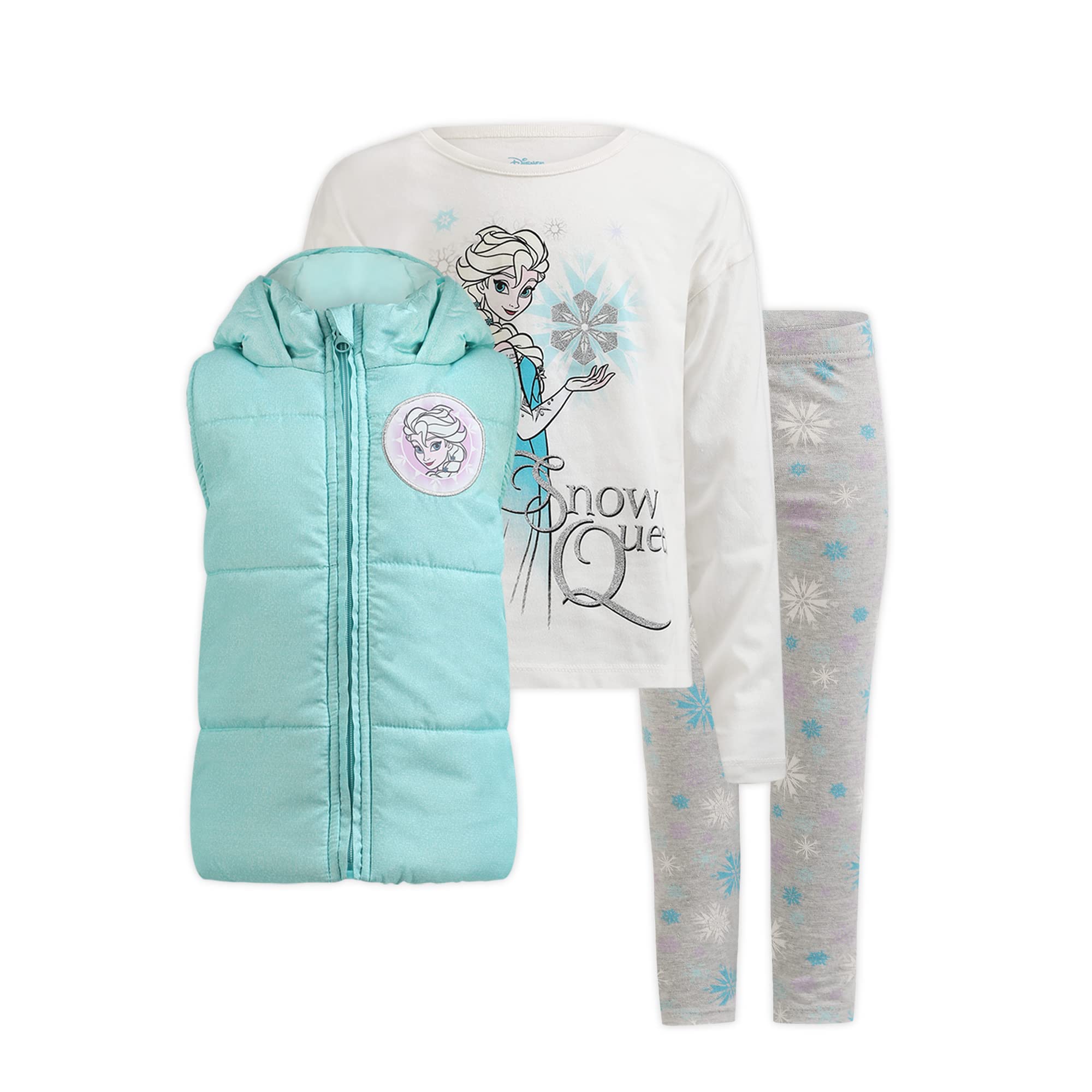 Disney Frozen Elsa Girls Long Sleeve Shirt, Vest and Legging Pants Set for Toddler and Little Kids
