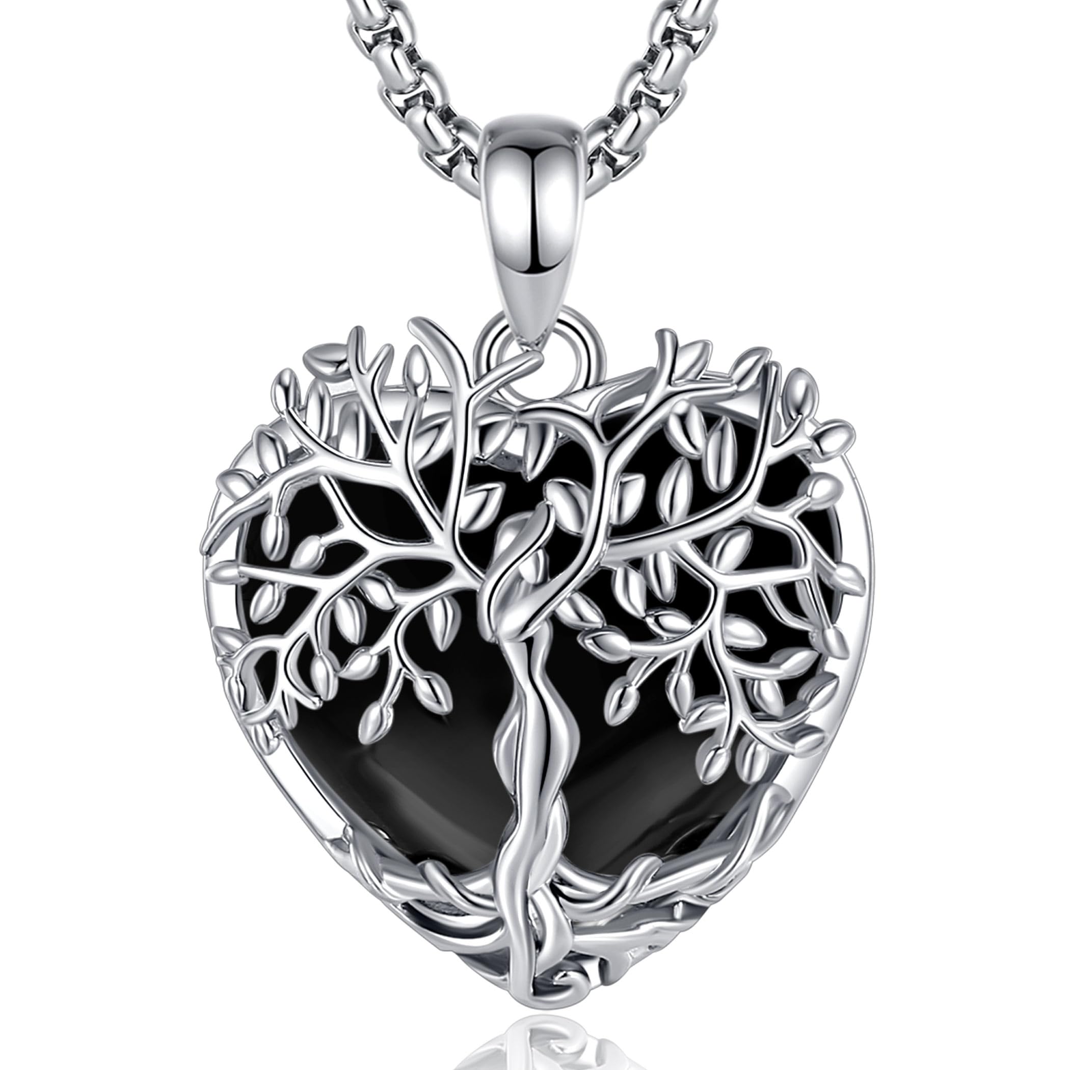 Vito Tree of Life Necklace for Women Men, Silver Plated Copper Obsidian/Amethyst/Malachite/Moonstone/Turquoise Tree Necklace Protection Energy Amulet Jewelry Gift for Mom Wife, 20+2"