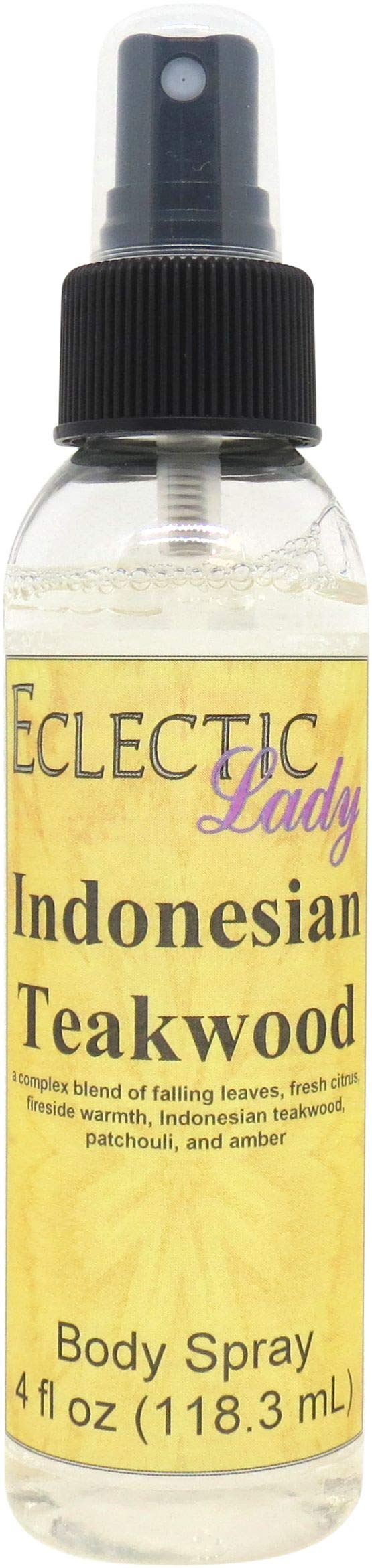 Eclectic Lady Indonesian Teakwood Body Spray, Double Strength, 4 ounces, Body Mist for Women with Clean, Light & Gentle Fragrance, Cologne with Soft, Subtle Aroma For Daily Use