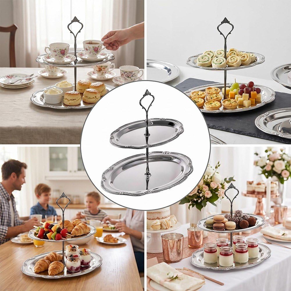 Alzata per Cupcake a 2 Livelli in Acciaio Inox, Vassoio per Frutta, Buffet di Dessert, Alzata per Torte per Compleanni, Matrimoni E tè Pomeridiano.