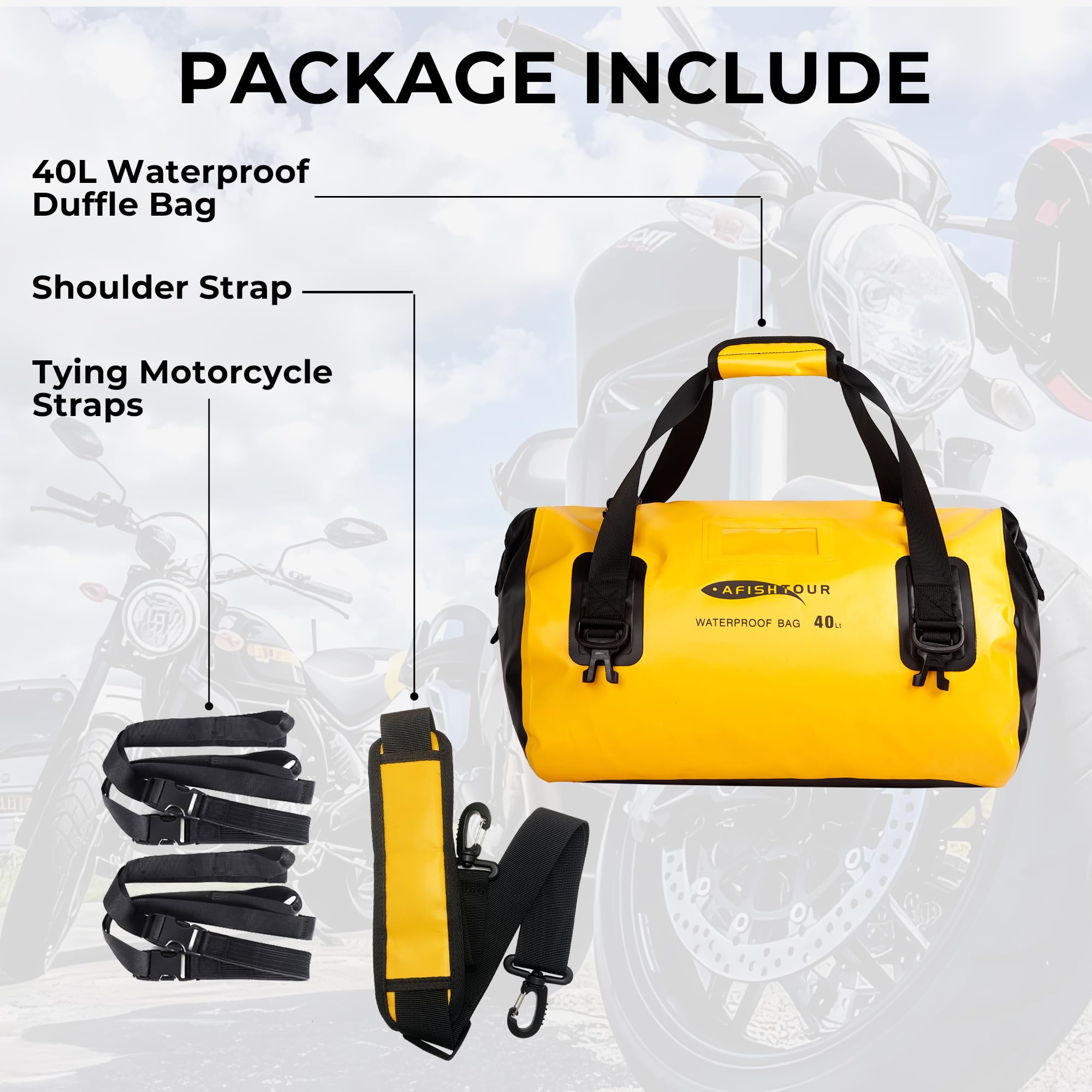 Wodoodporna torba sportowa na motocykl, 40 l, torba na tylne siedzenie, torba na tylne siedzenie, zwijana, na kajak, rafting, pływanie łódką, kemping, podróże, plażę, ŻÓŁTY, Large, Moda