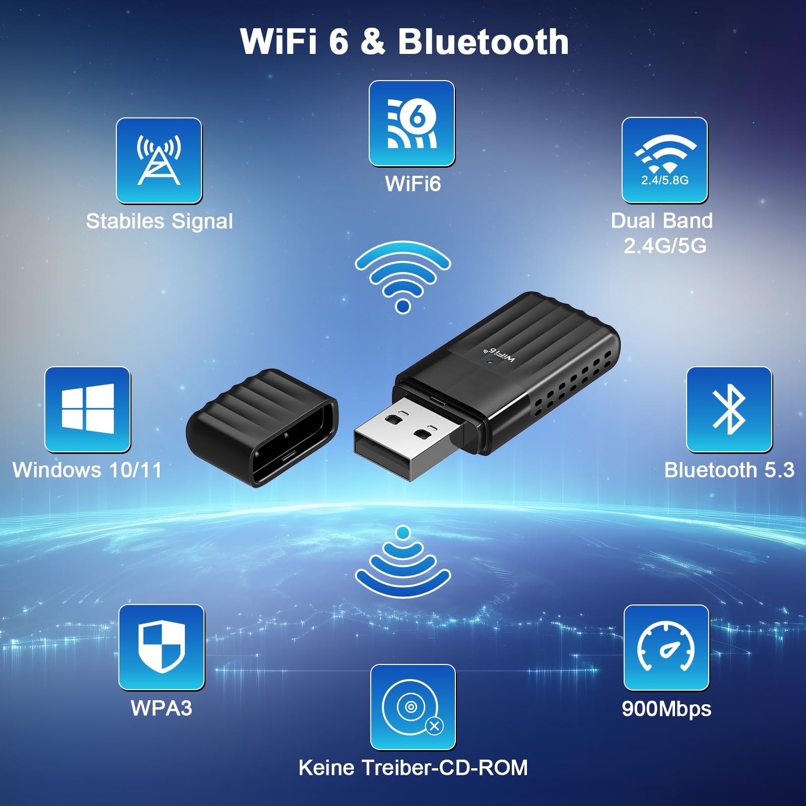 WONLINK WLAN USB-Adapter WiFi 6 - 900Mbit/s Mit Bluetooth 5.3 Für Windows 11/10