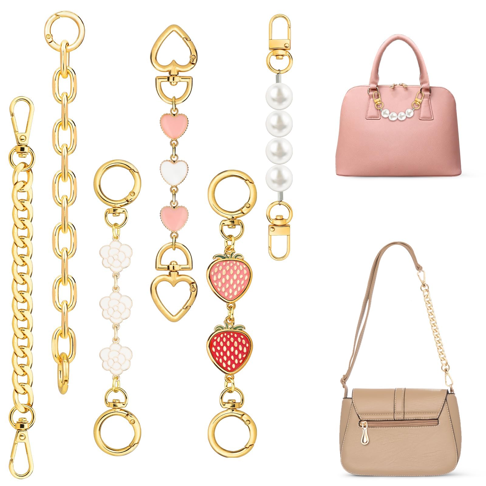 EEEKit Purse Strap Extender, 6PCS Golden Bag Extender Chain with Pearl Charm, Metal Replacement Flat Bag Chain for Handbag Clutch
