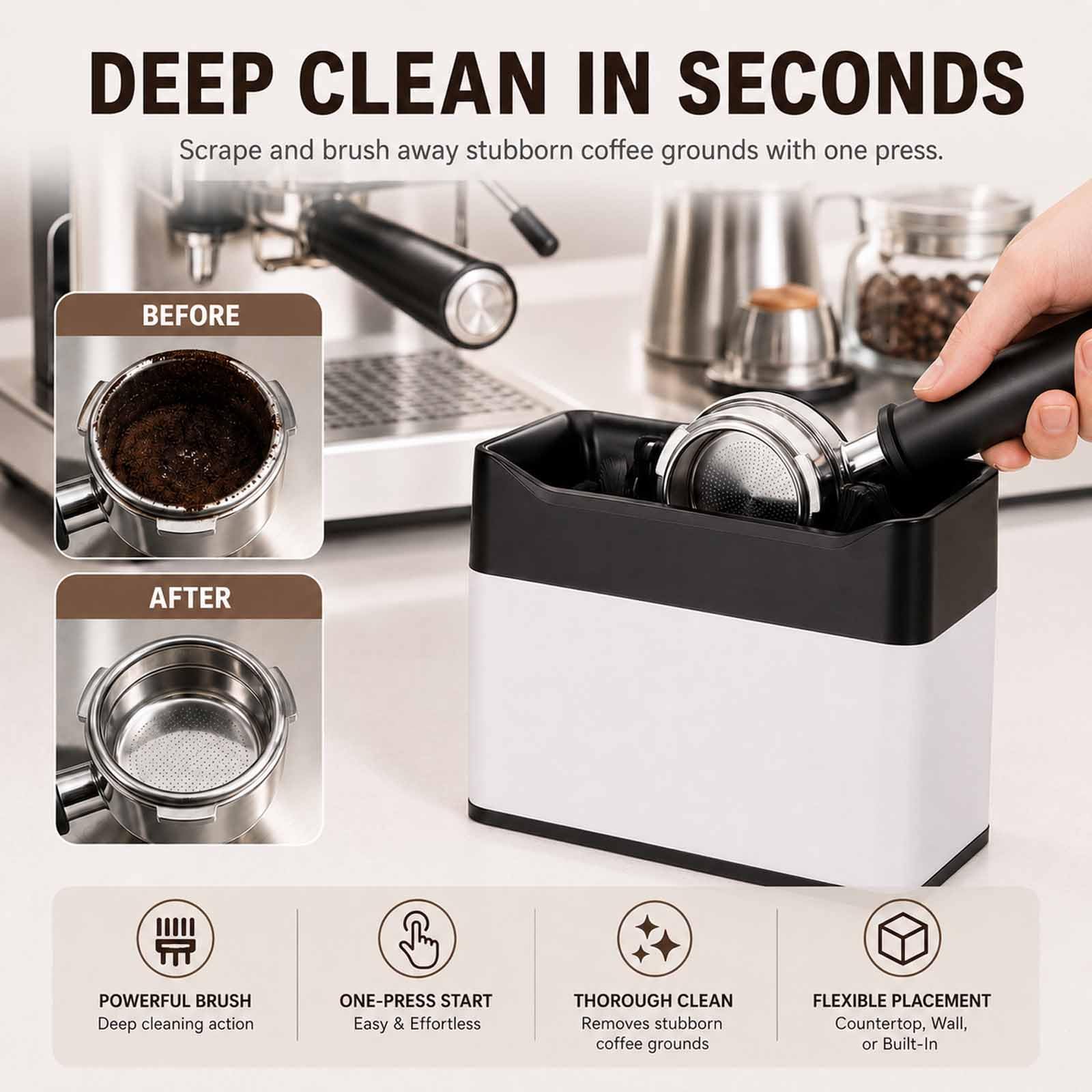 Limpiador Eléctrico Automático De Posos De Café, Limpiador Eléctrico De Portafiltros para Espresso, Máquina 58 Mm, 340 RPM con 2 Raspadores, 2 Cepillos Y Contenedor Black