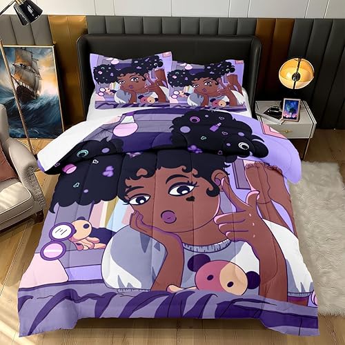 Juego de edredón de niña negra afroamericana, juego de ropa de cama tamaño individual, bonito juego de edredón de microfibra con estampado 3D morado disponible en Yaxa Venezuela