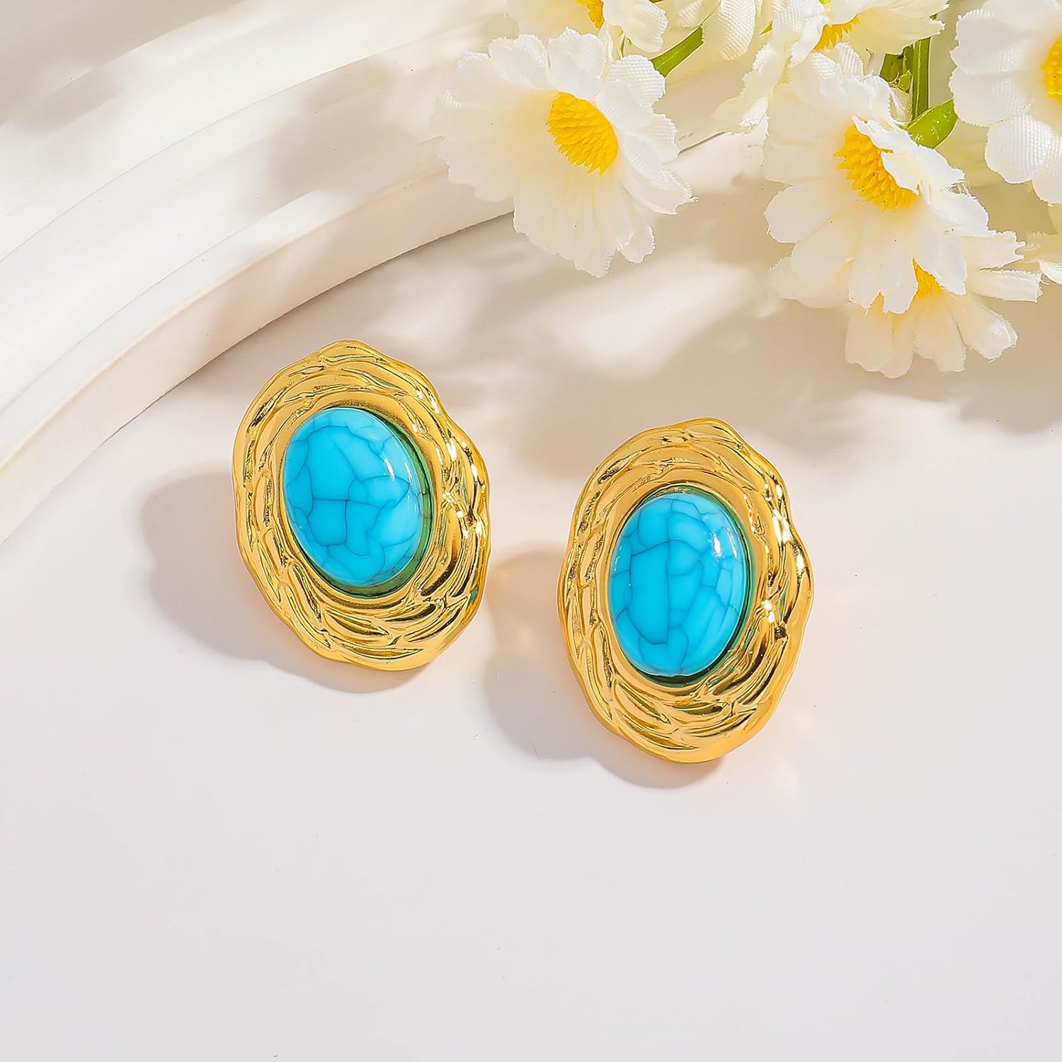 Chunky Gold Oval Turquoise Stud Earrings for Women, Titanium Steel Gold Plated Natural Turquoise Statement Earrings for Party Vintage Jewelry Gifts - Image 5