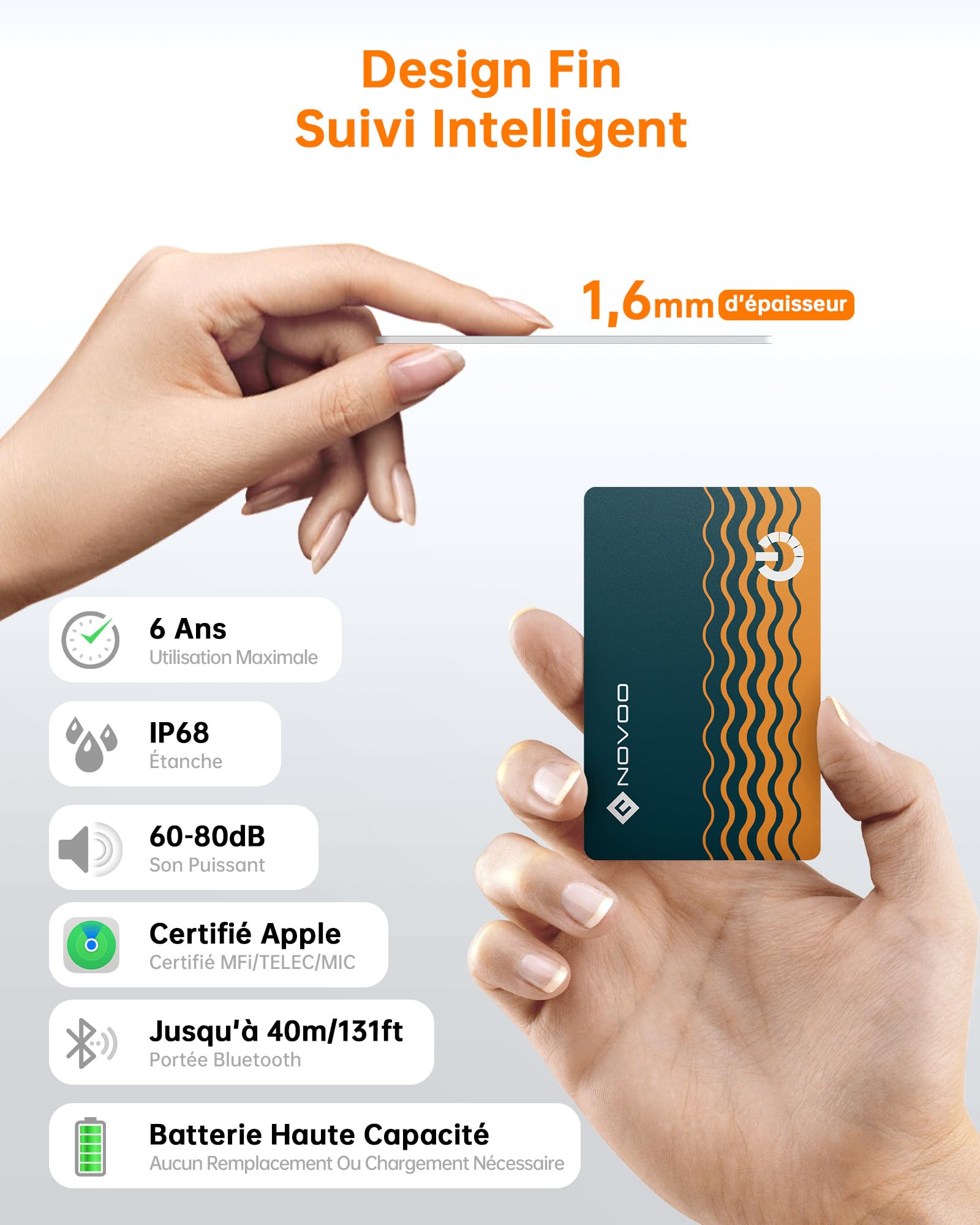 NOVOO Apple Find My Portfel Tracker (zestaw 2 sztuk) - Ultracienki tracker powietrza 1,6 mm, akumulator 6 lat, wodoodporny IP68, alarm 80dB, lokalizacja portfela Bluetooth, do portfela i bagażu