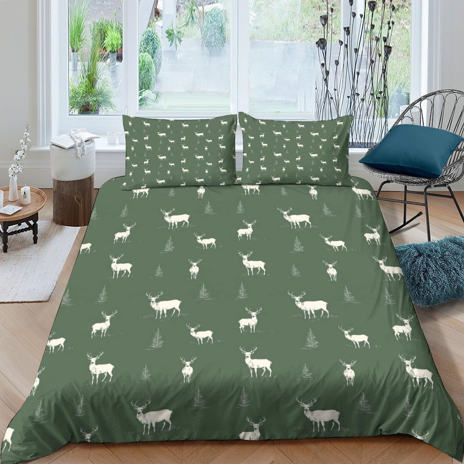P5V6M1Q9 3D Printed Green Deer Forest Duvet Cover Microfiber Bedding Set with 2 Pillowcases, Breathable for Bedroom Home Single（135x200cm）