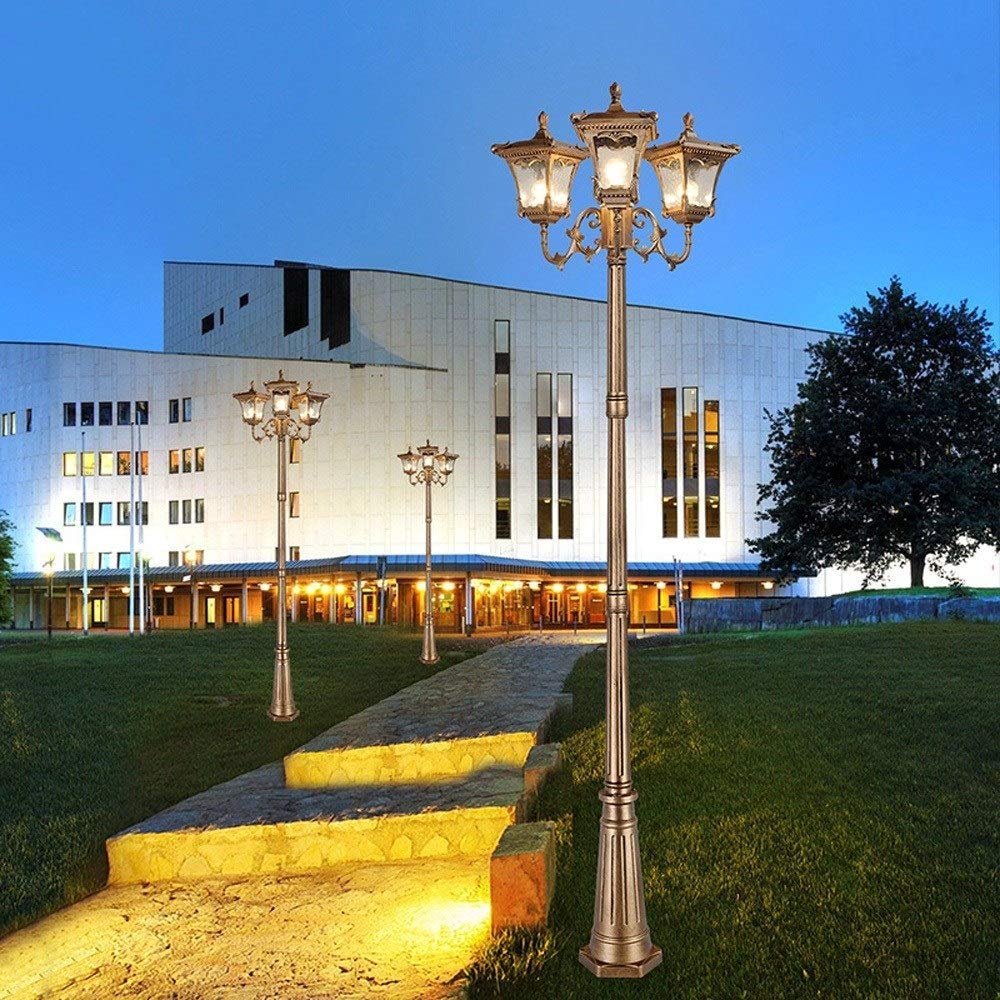 Zewnętrzne lampy słupowe z potrójną głowicą, zabytkowe lampy uliczne do trawników, ścieżek i podjazdów, wiktoriański czarny słup oświetleniowy, zewnętrzny słupek, latarn,3.10m