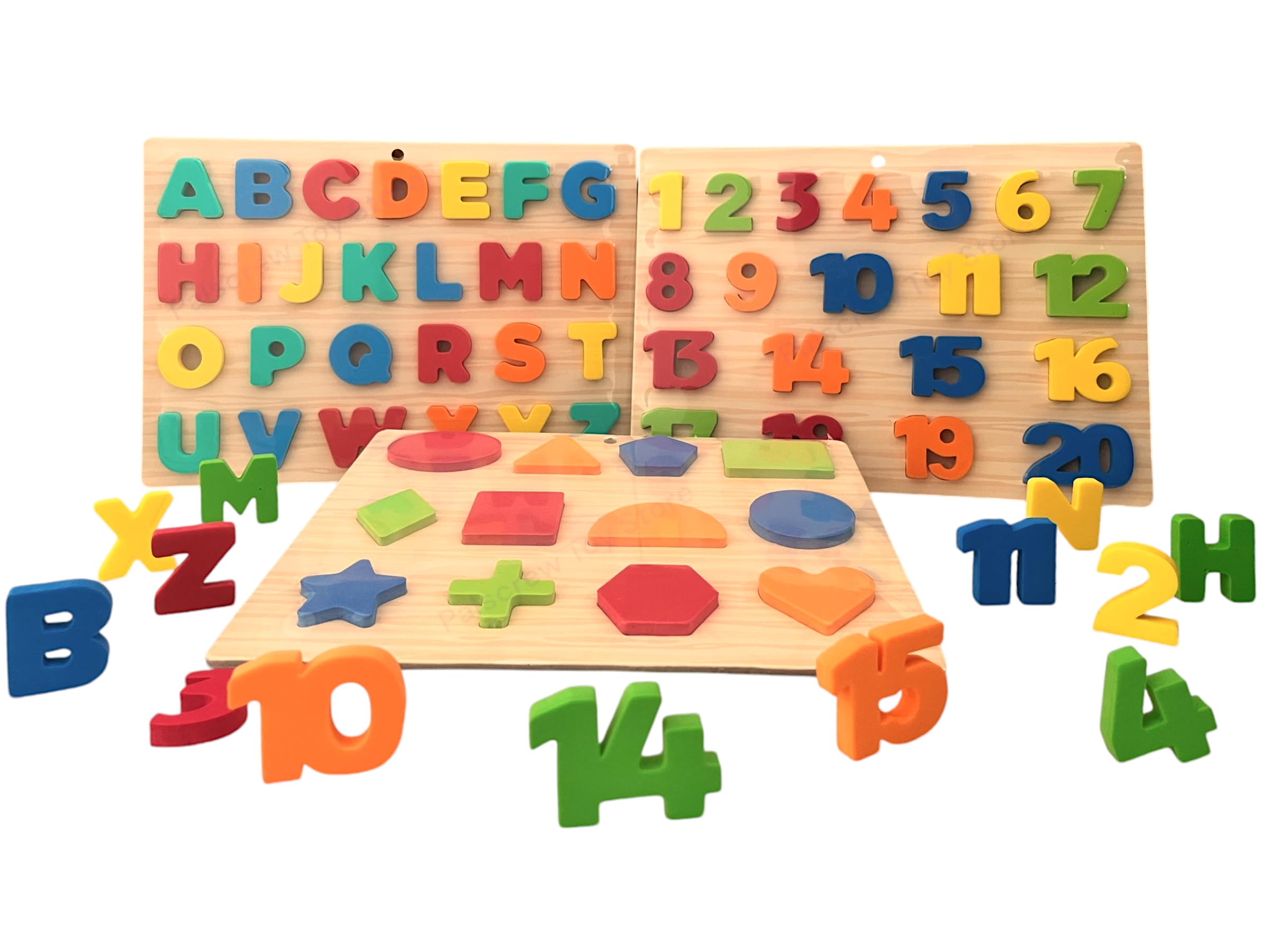 PALSCREW Wooden Learning Educational Board for Kids, Puzzle Toys for 2 Years Old Boys & Girls (Capital Alphabets, Numbers & Shapes) (ABC, Numbers & Shape) (AlphaNumericShapes)