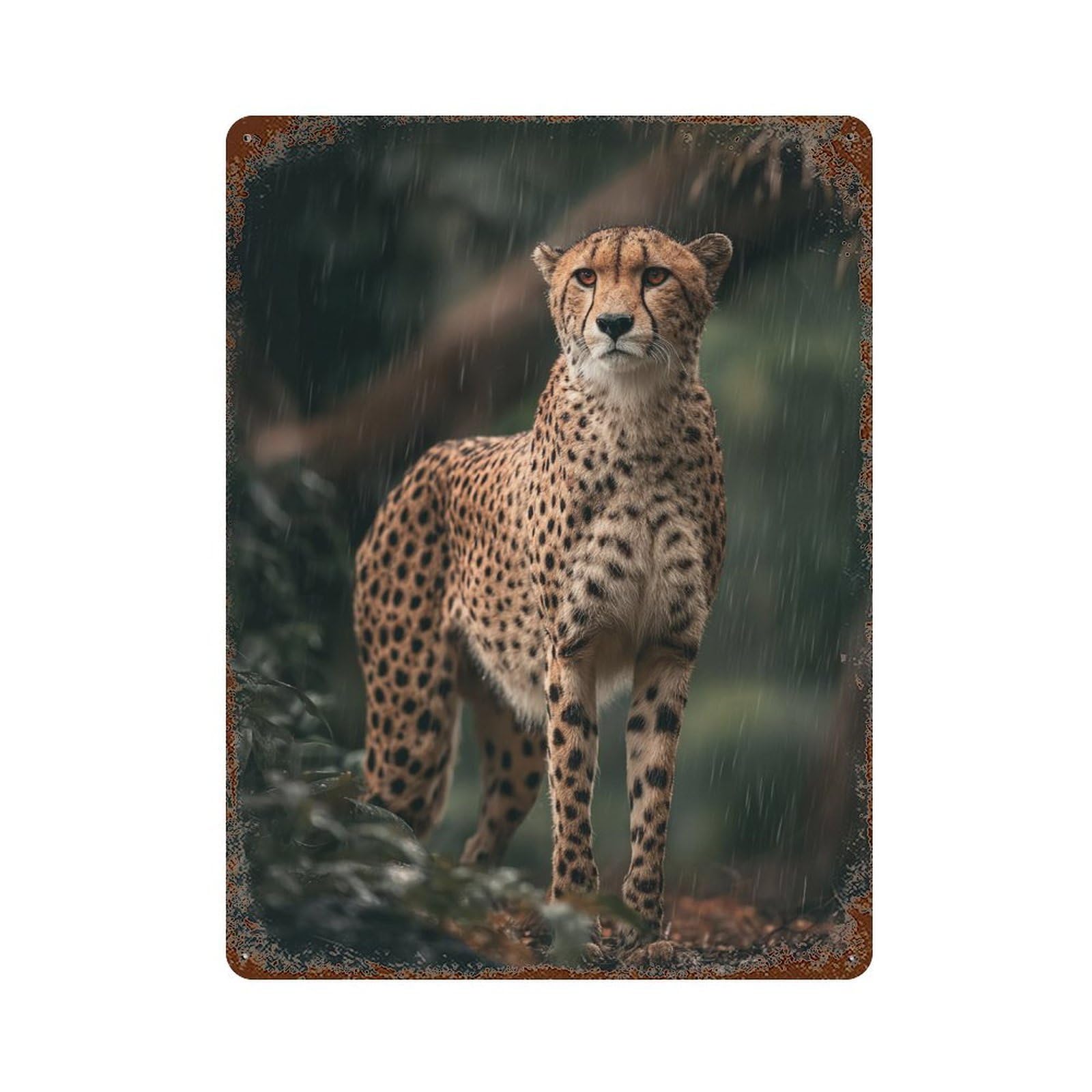 Cheetah in Rainy Forest-1 Retro Metal Sign 15.7"x11.8", Industrial Home Decor for Garage, Pub Or Kitchen