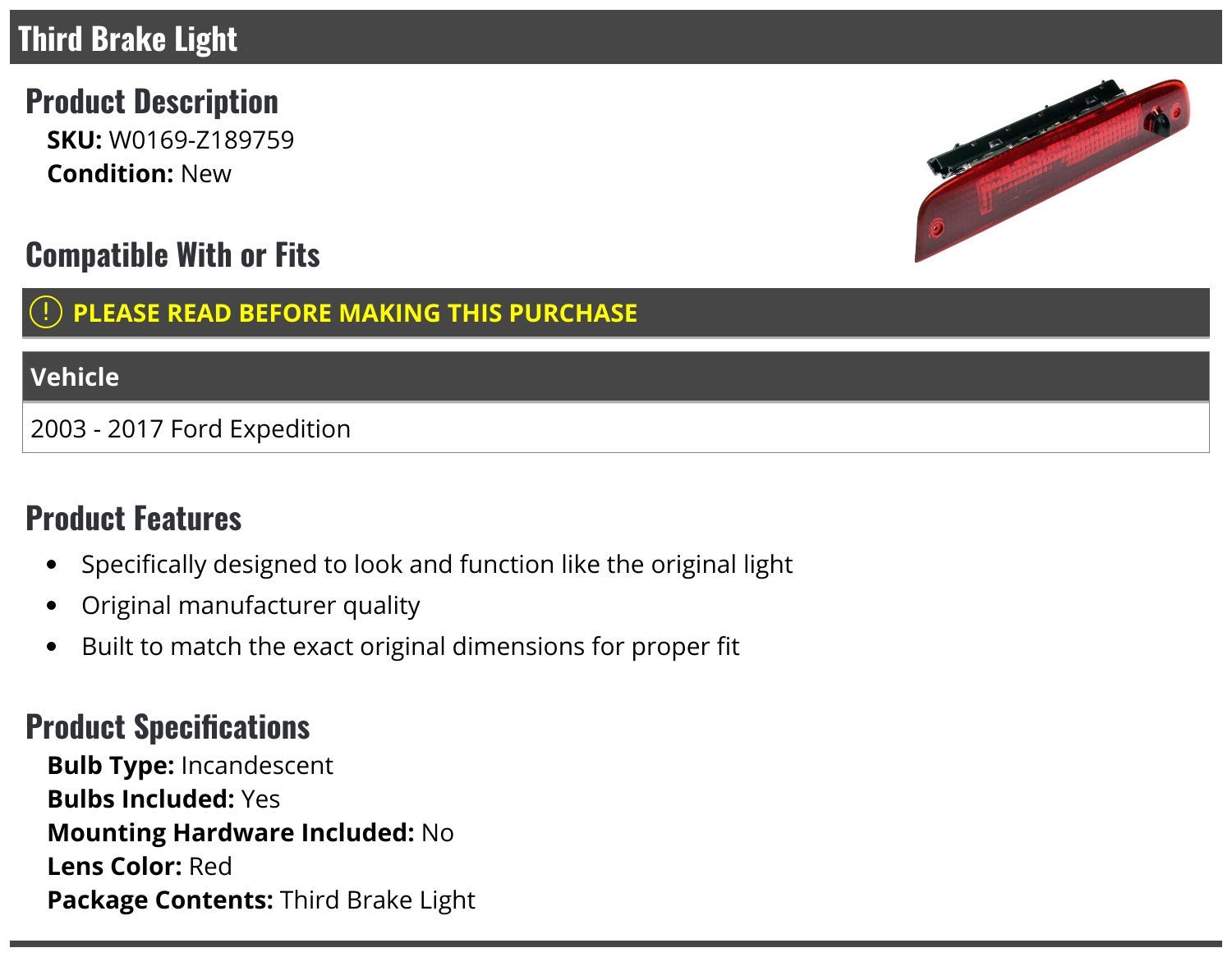 Marketplace Auto Parts Third Brake Light Incandescent Lens - Compatible with 2003-2017 Ford Expedition