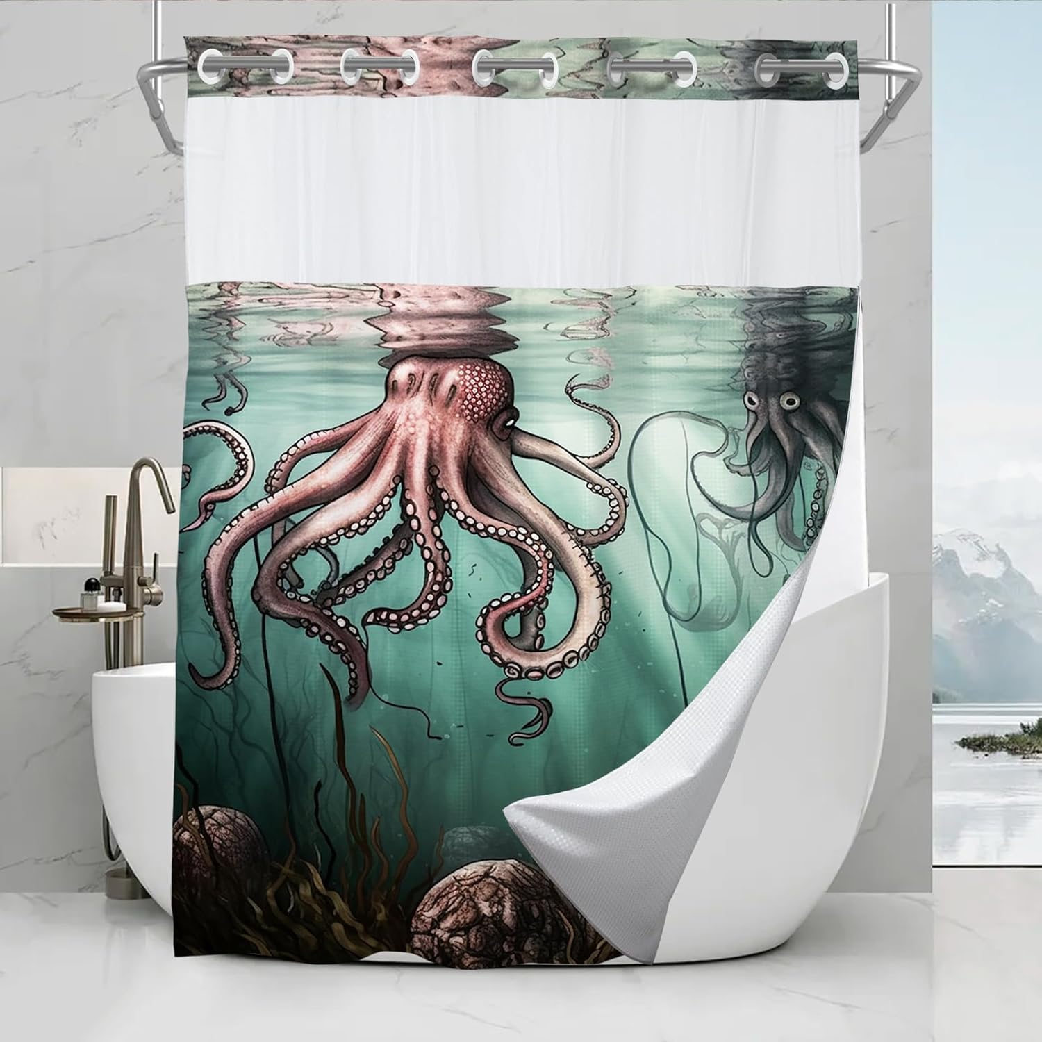 Abstract Ocean Octopus Theme No Hook Waffle Weave Shower Curtain with Snap in Liner Nautical Beach Whimsical Funny Bathroom Decor Set 72 W x 74 H Inch Colorful