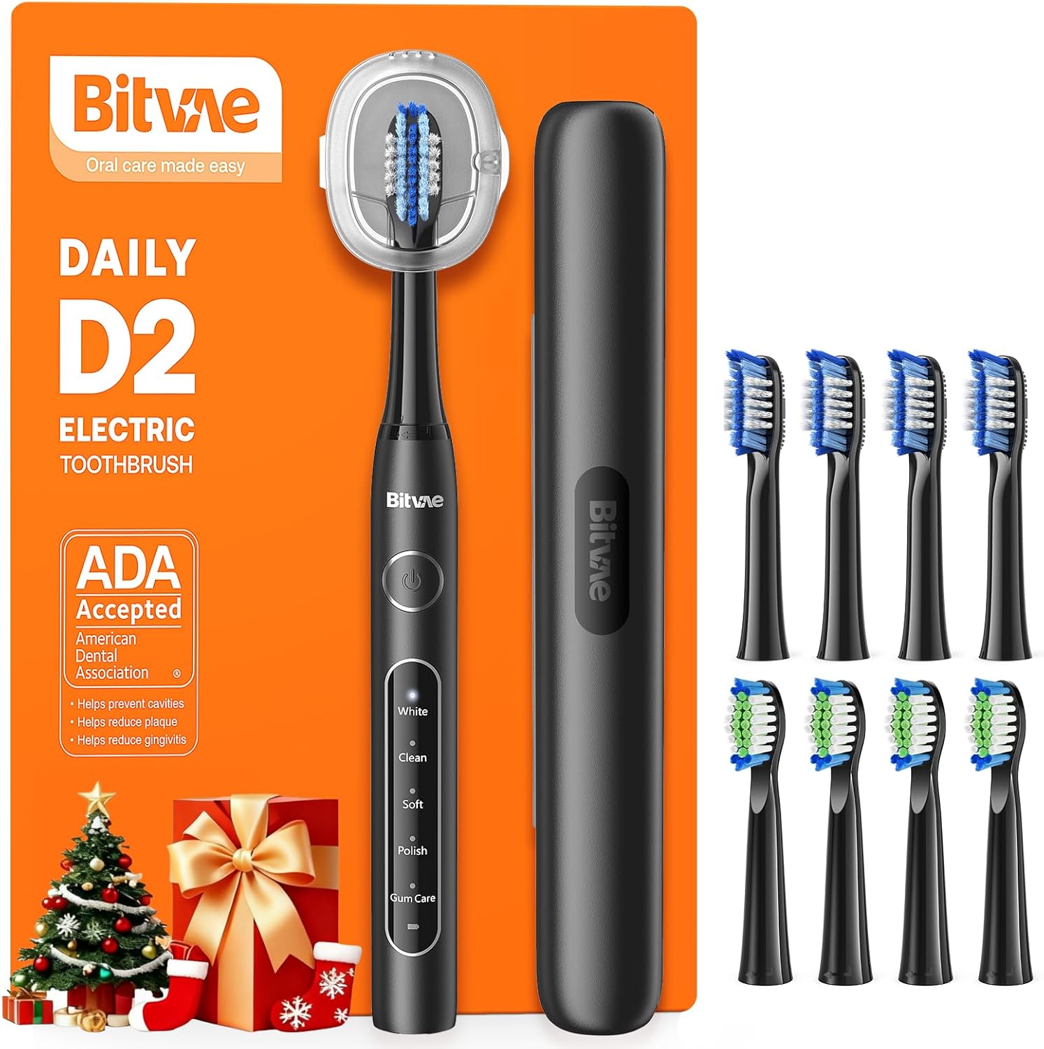 Electric Toothbrush for Adults and Kids, 60-Day Battery, 5 Modes, 8 Heads, Portable Travel Case & Holder, Shadow Black