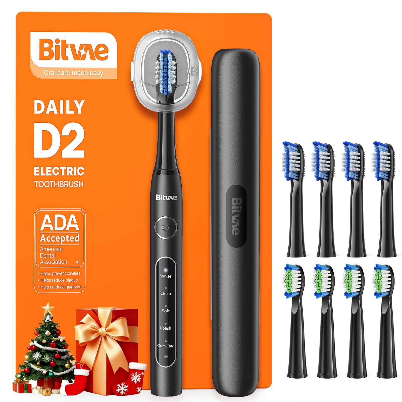 Bitvae ADA Accepted Electric Toothbrush, Travel Toothbrush Rechargeable for Adults and Kids, 60-Day Battery, 5 Modes, 8 Heads, Portable Travel Case & Holder, Shadow Black