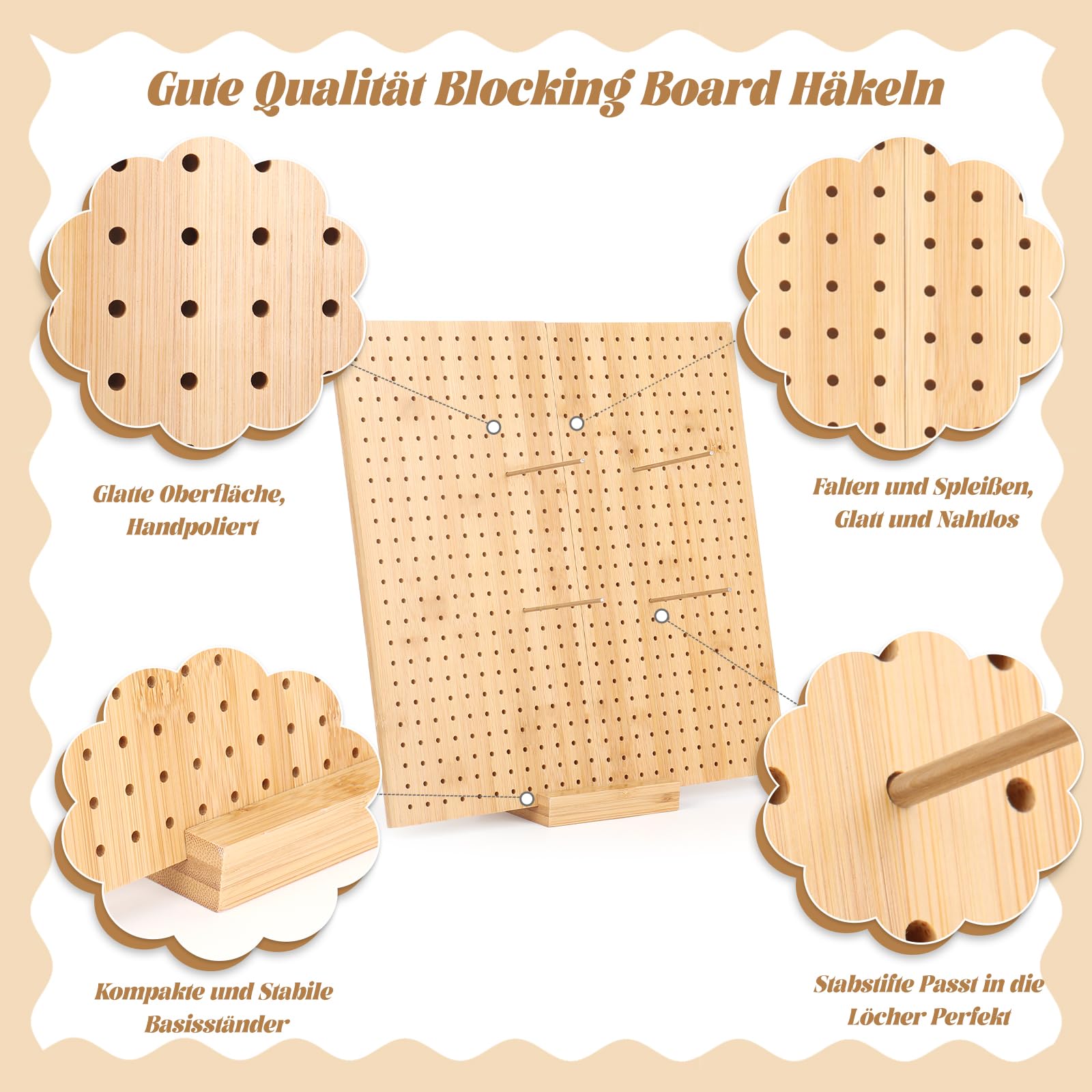 Coopay Grande Planche de Blocage Crochet, 33x33cm Pliable Bloqueur Granny Square Crochet, Planche Blocage Crochet Carré Granny en Bois, Accessoires de Crochet Tricot, avec 30 Tiges de Métal