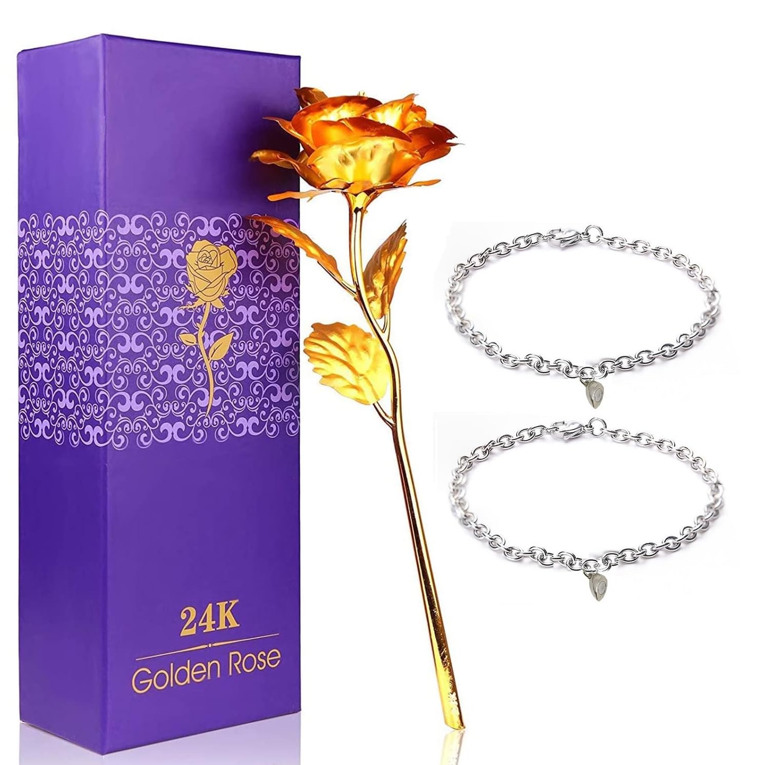Utkarsh SX000299-01 Combo of Mutual Attraction Relationship Forever Matching Heart Shape Bracelets with Yellow Rose Flower with Golden Leaf with Gift Box (Pack of 2)-image-30