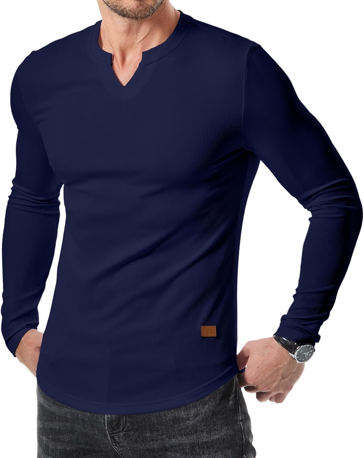 JMIERR Mens Long Sleeve Muscle T Shirts Casual V-Neck Longline Ribbed Tee Shirts