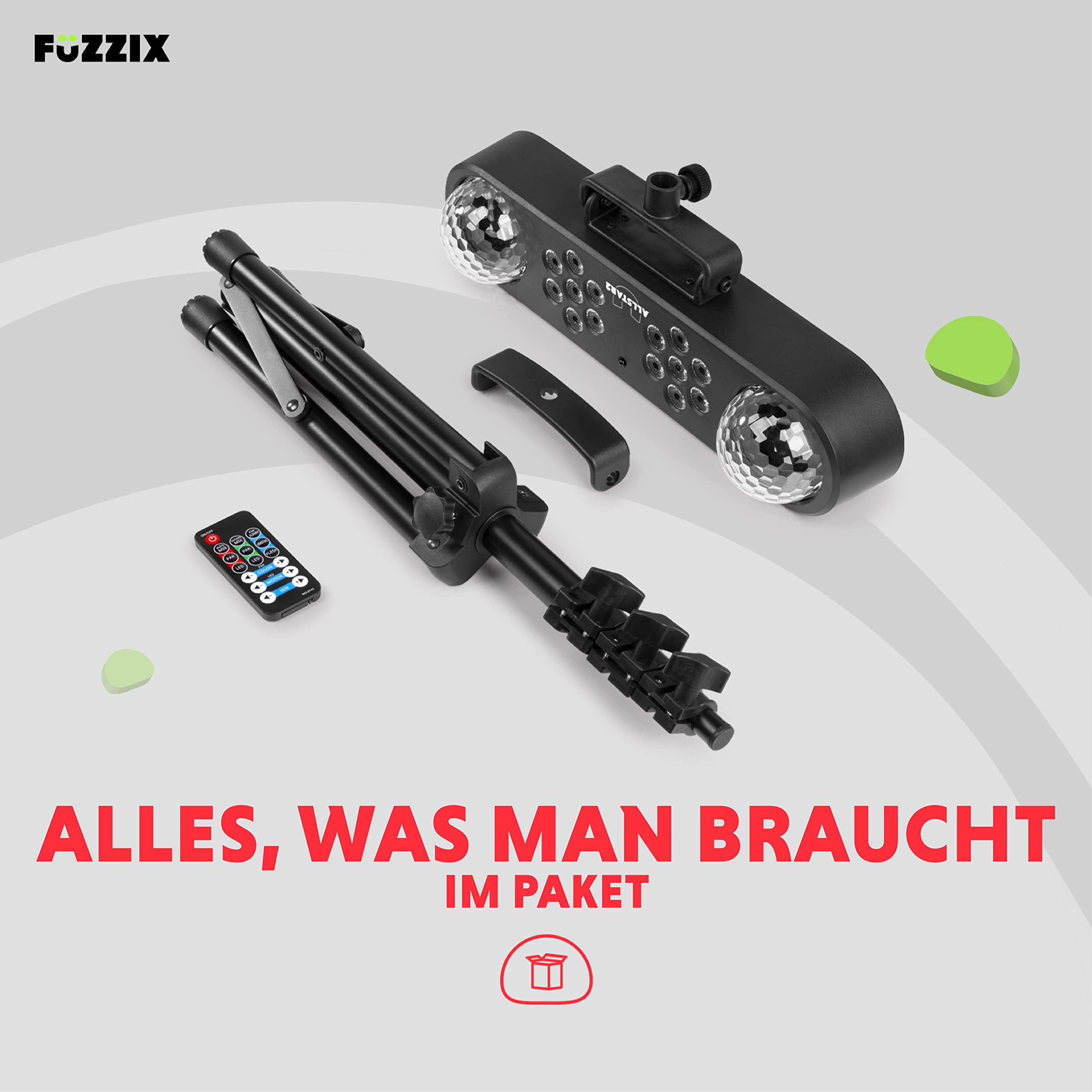 Fuzzix AllStar2 LED Disco Licht mit Fernbedienung, Discokugel und 2x PAR Partylicht Set, DJ Licht Stativ, Lichtorgel Musikgesteuert LED, Discolicht Partylicht, Mobile DJ Lichtanlage, Partybeleuchtung