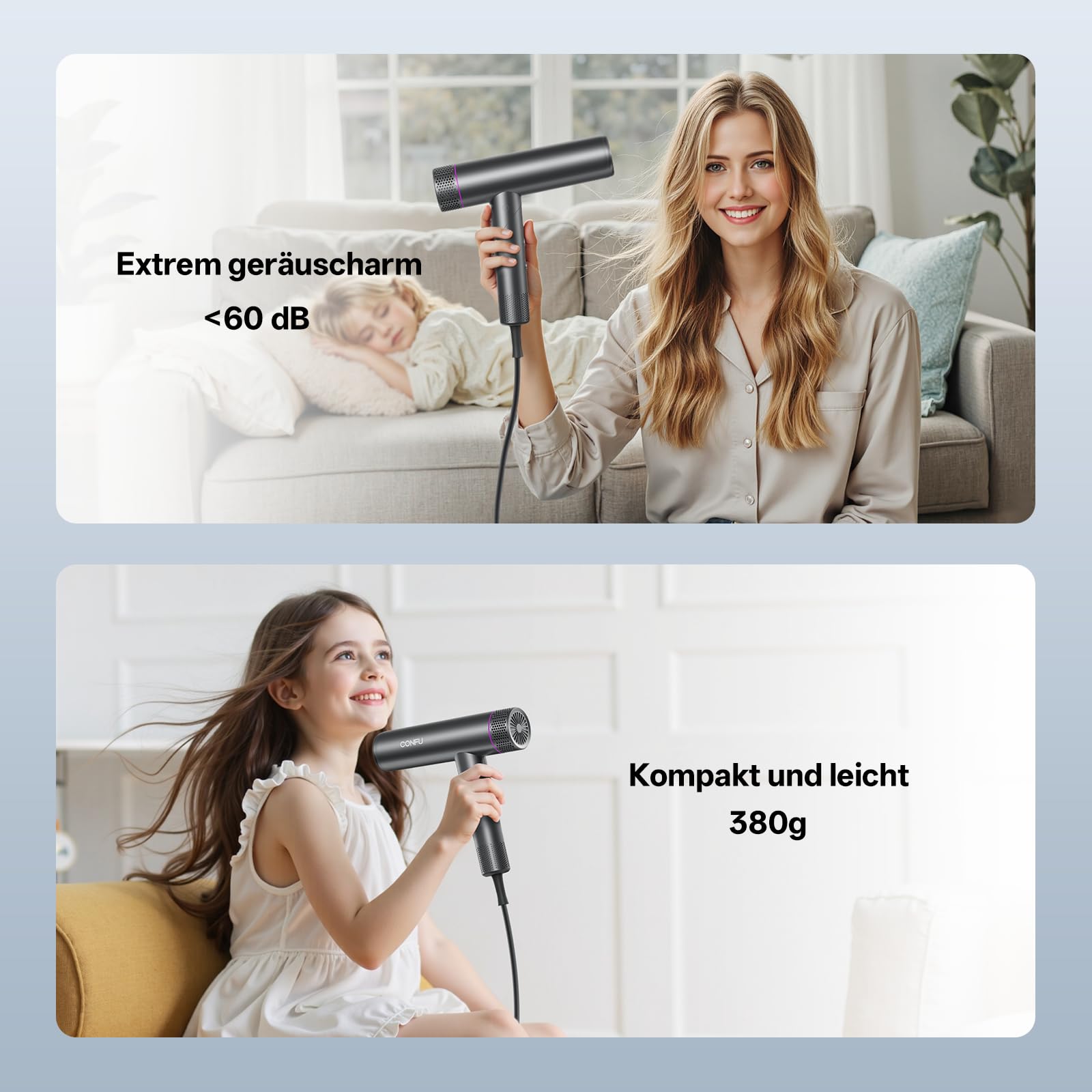 CONFU Fön Ionen Föhn Professioneller Salon Haartrockner 1700W Leicht und Faltbar Wenig Lärm Magnetischer Diffusor StylingDüse Extra lange Kabel, für Hause Salon und Reisen
