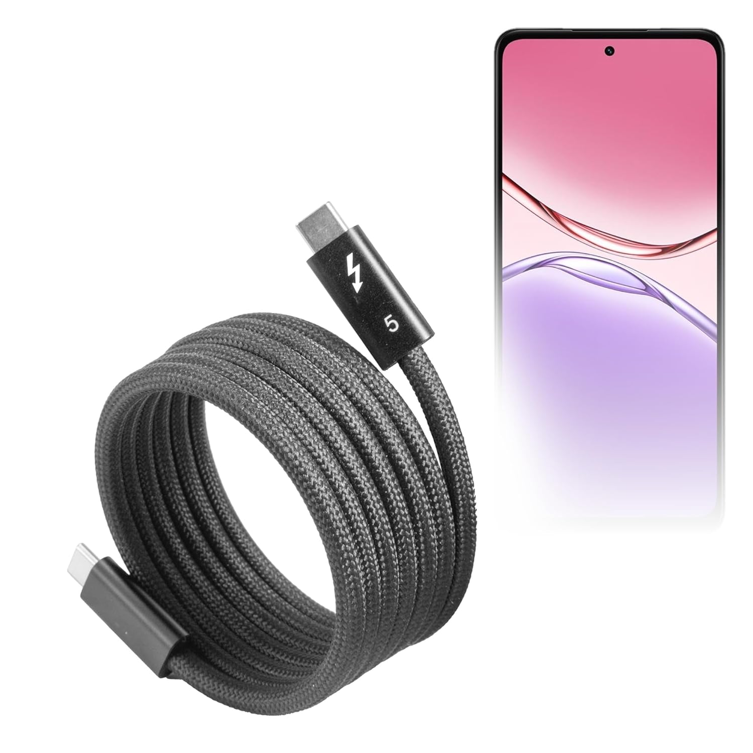 BoxWave Cable Compatible with Oppo A5 4G - SnapWrap Thunderbolt 5.0 Cable (5ft 240W), Magnetic Self-Coiling Nylon Braided Retractable - Jet Black