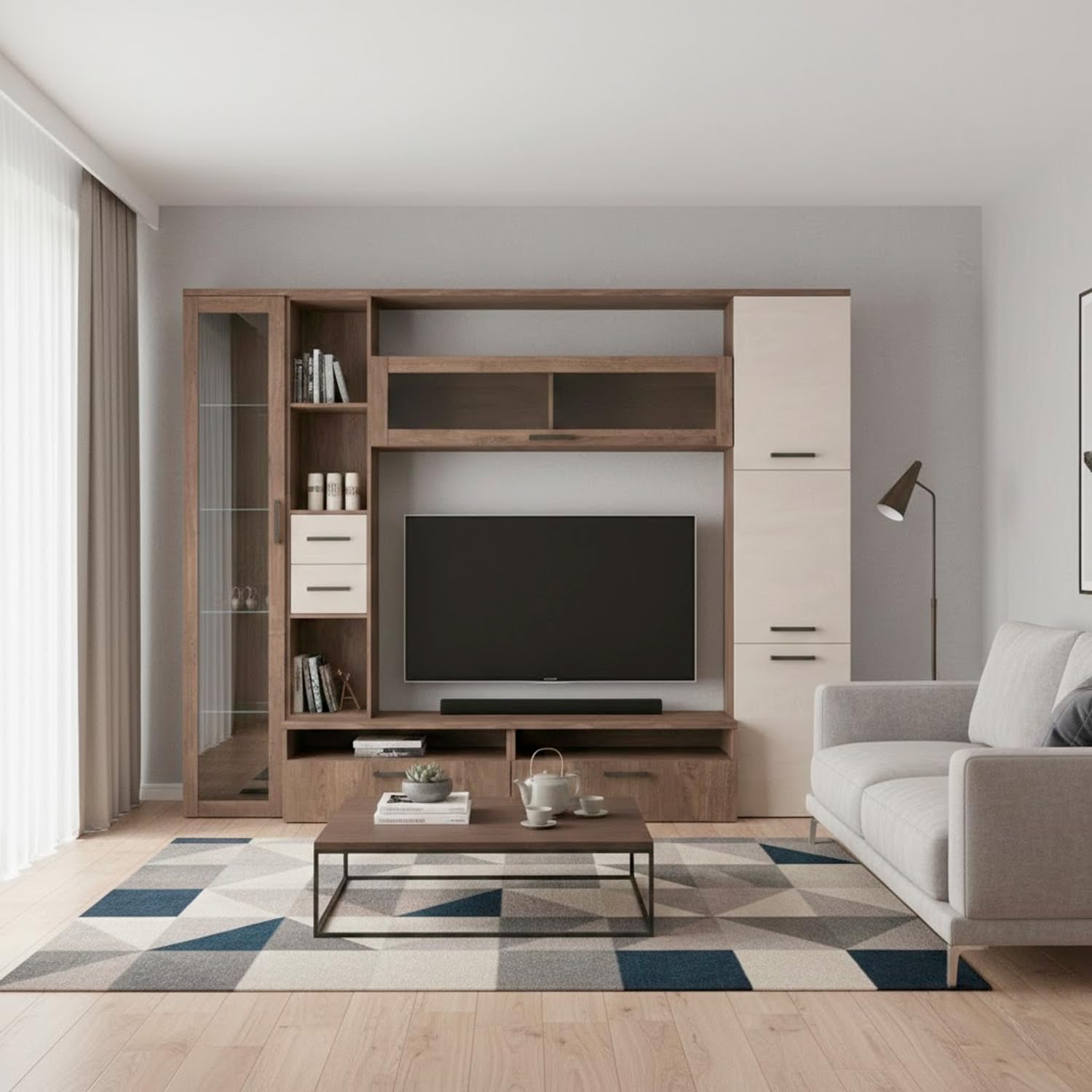 Arreditaly Parete Attrezzata Soggiorno Mobile Porta TV Con Vetrina E Cassetti Design Moderno Industrial Chic Con Ampio Vano TV Per Salotto Zona Living 270 x 213 x 50 Cm (Noce Spatolato)