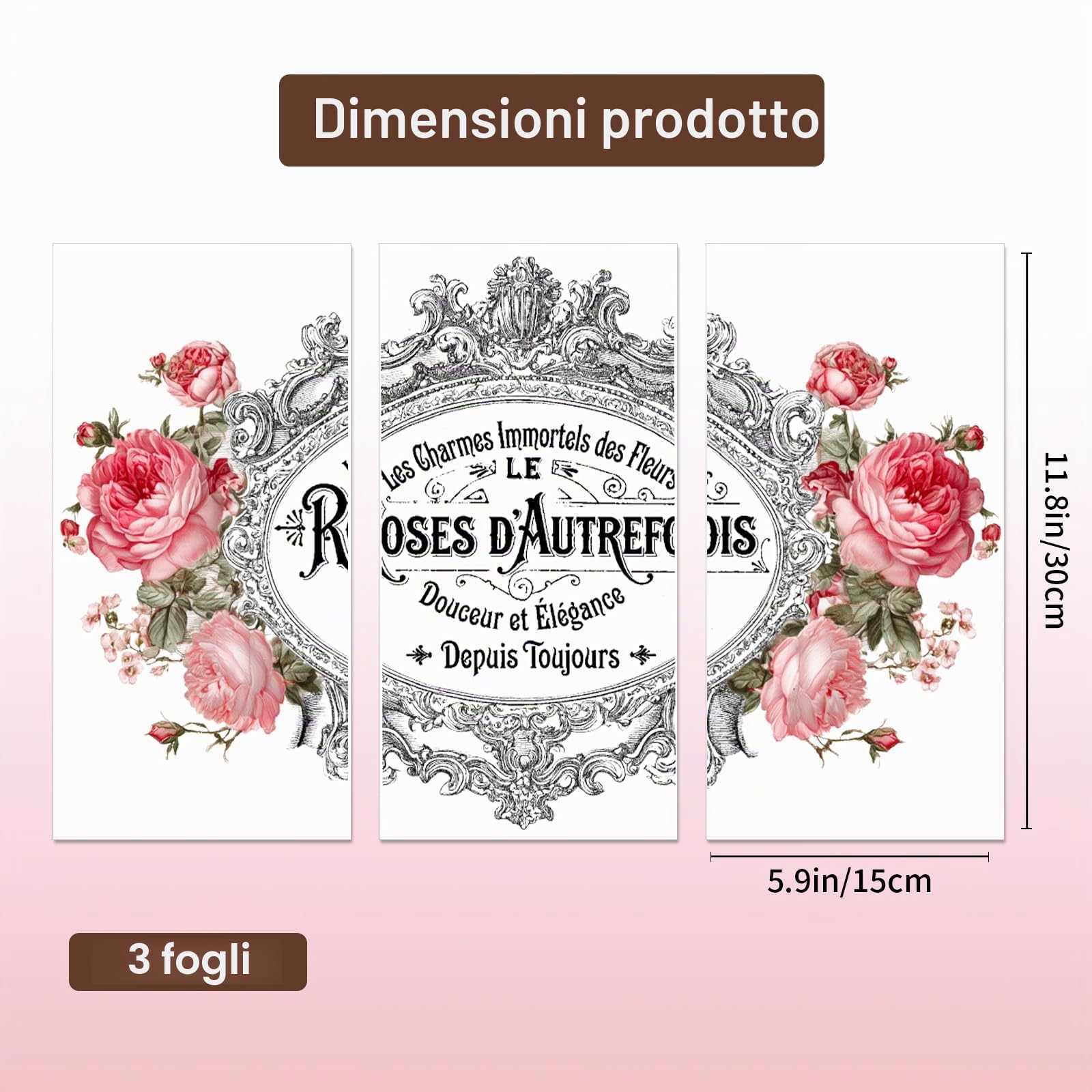 PLIGREAT 3 fogli di adesivi transfer vintage a forma di rosa per artigianato, impermeabili, stile francese, decalcomanie per mobili, album di ritagli, fai da te, legno, ceramica, carta