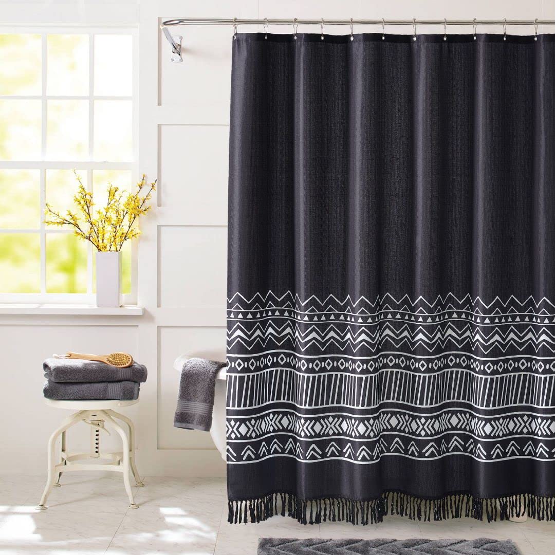 YOSTEV Black Shower Curtains for Bathroom, Farmhouse Tassel Shower Curtain Set with 12 Metal Hooks, Boho Textured Waterproof Fabric Bath Shower Curtain, 72 x 72 Inch, Standard Size