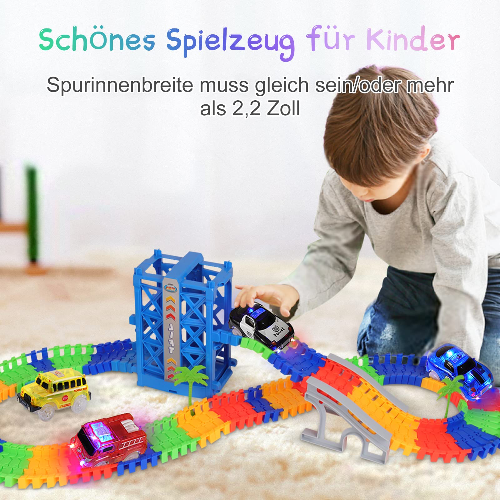 sikkeby Tracks Cars, 4 Pack Circuit Voiture Enfant avec 5 flashs LED, Rail Voiture Jouet Brille dans l'obscurité, Compatible avec la Plupart des Pistes pour Enfants, garçons et Filles