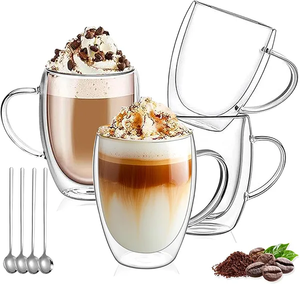 DINGPAl 4 Pack Double Wall Glass Coffee Mugs, 12 oz Walled Insulated Cappuccino Mug Heat Resistant Borosilicate Glass Coffee Cups with Handle and Spoon for Latte, Espresso, Americano, Hot/Cold Drink