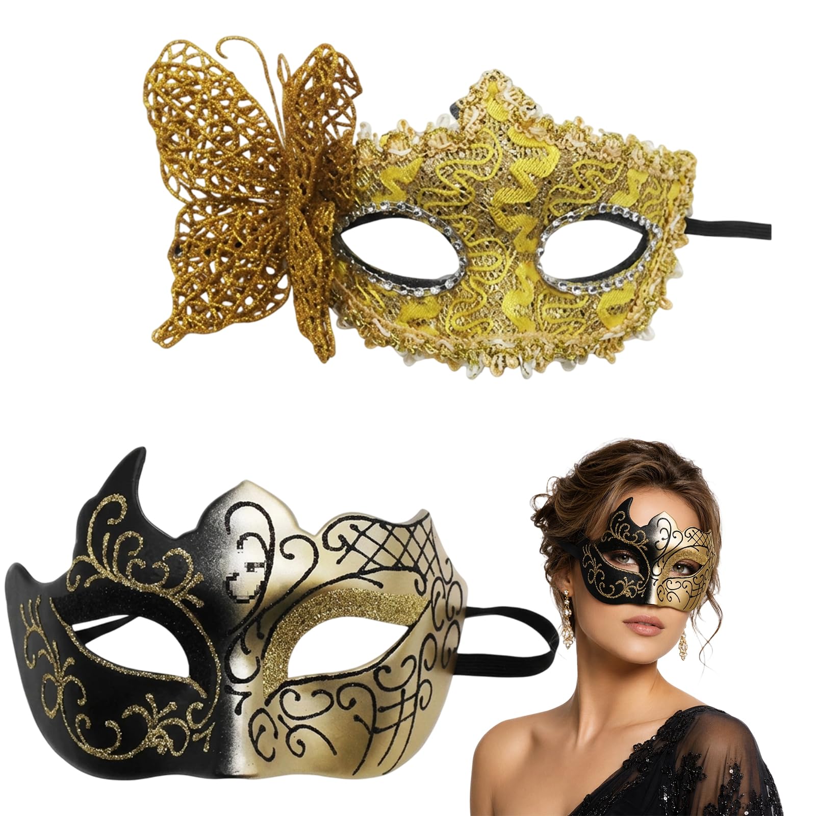 Masquerade Masks, 2-Pack Masks Costume With Lace Mask and Glossy Finishes