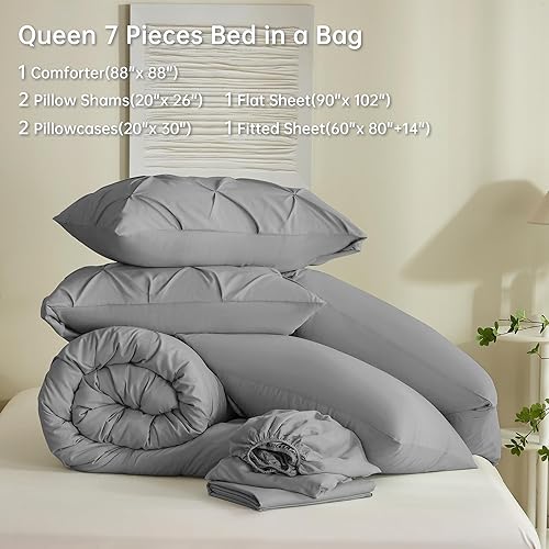 Miniatura 8 de BOLINLIVING Juego de edredón tamaño Queen, 7 piezas de cama bohemia con pintuck en una bolsa, edredones plisados para todas las estaciones, juego de