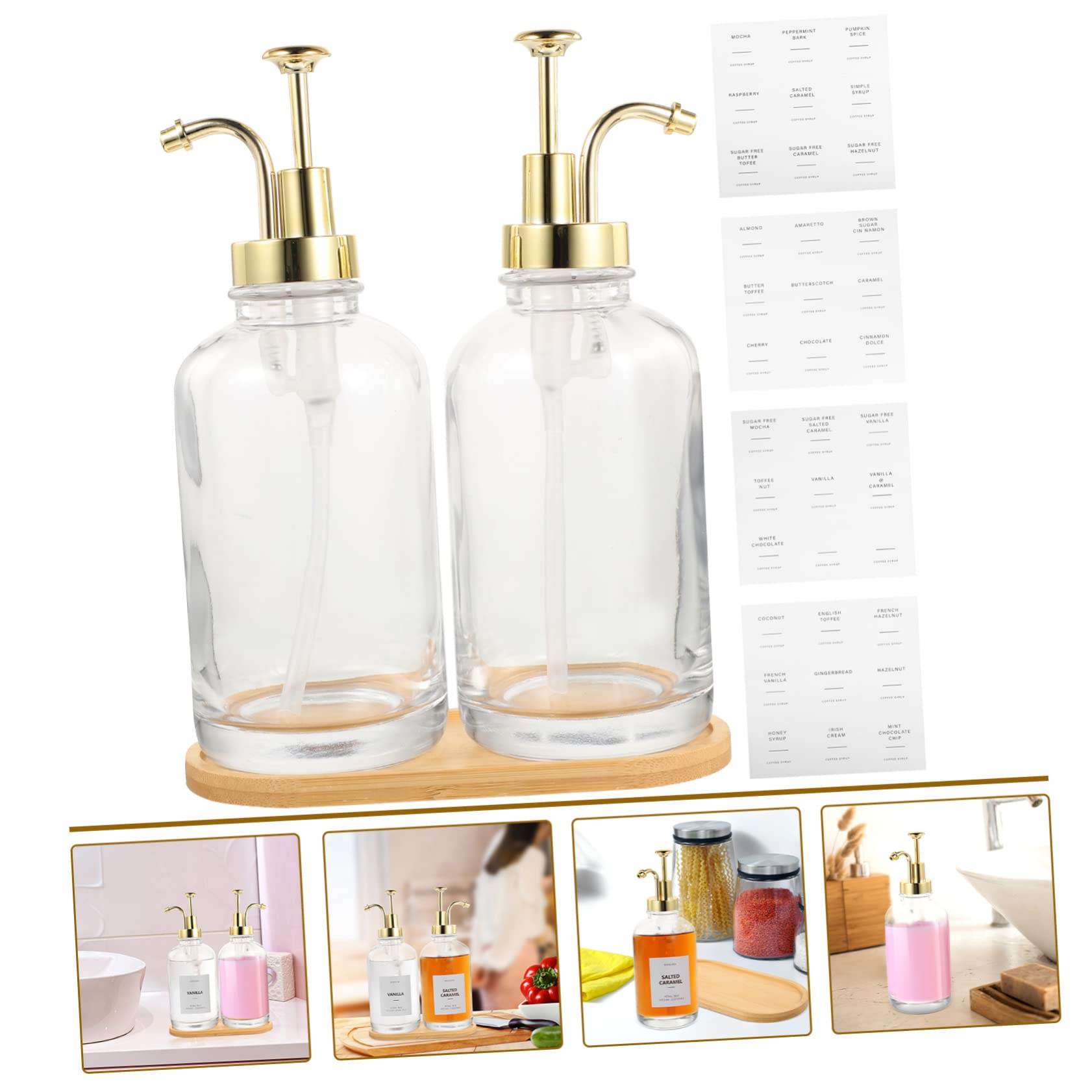 DOITOOL Botella Dispensadora de Vidrio Bomba Dorada para Jarabe de Café, Diseño Transparente y Madera, Adecuado para Cocina y Café Casero Dosificador Preciso