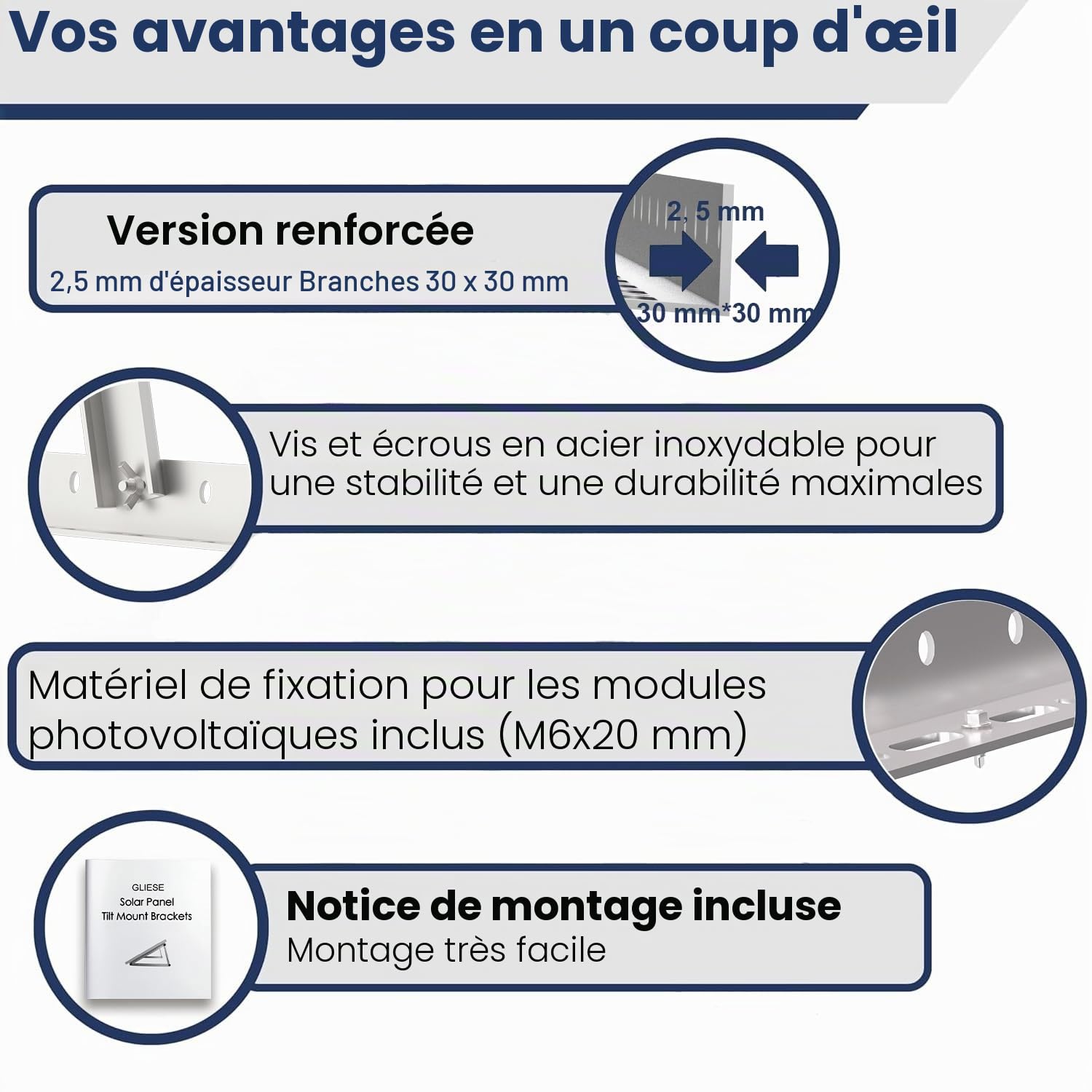 GLIESE Lot de 4 supports pour centrale électrique de balcon 114 cm, support de panneau solaire, support de panneau solaire, supports de module PV, supports de centrale de balcon, angle réglable de 0 °