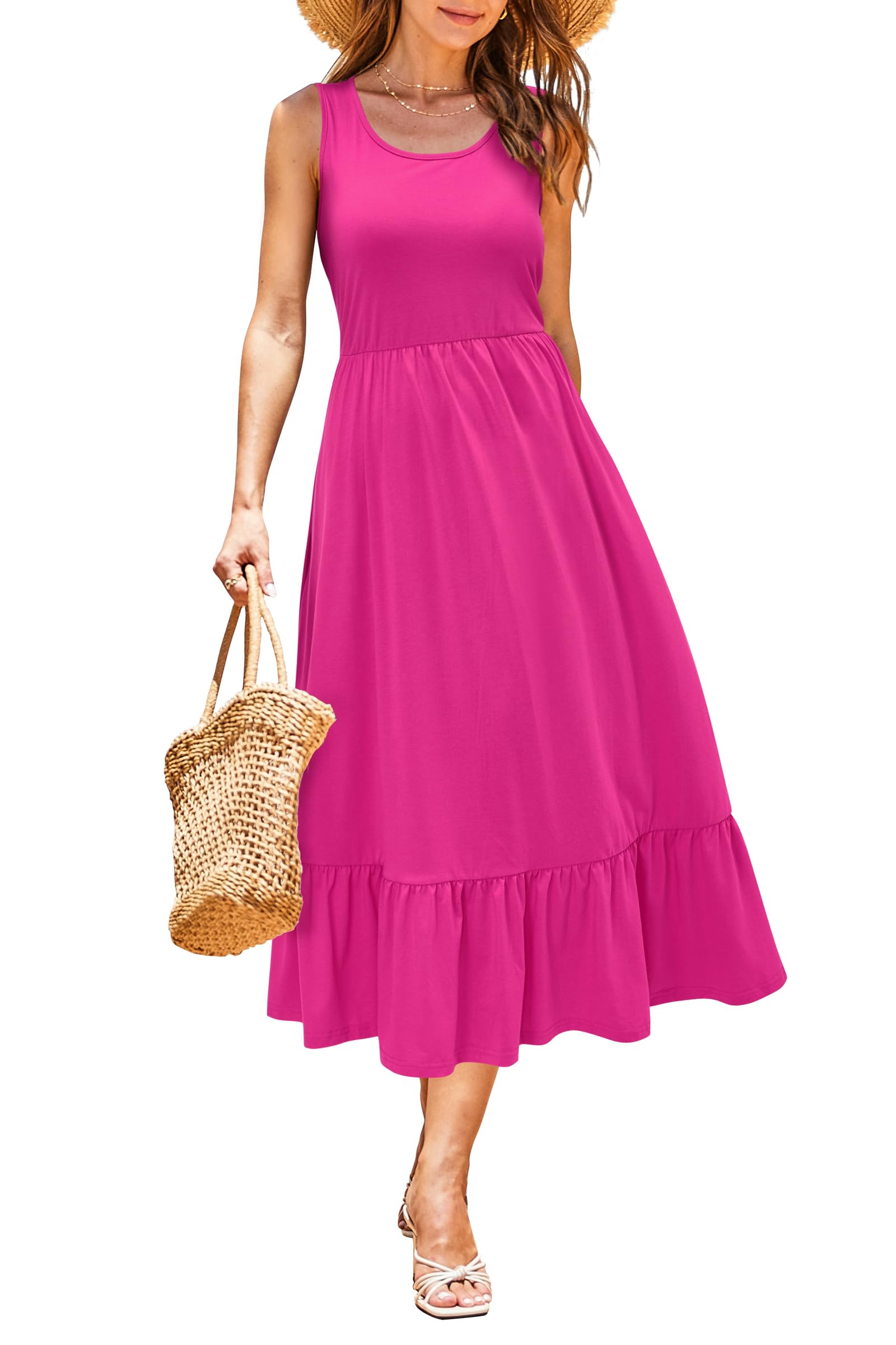 STYLEWORD Women's 2025 Summer Beach Vacation Dresses Casual Sleeveless Tank Tiered Flowy Midi Sundress