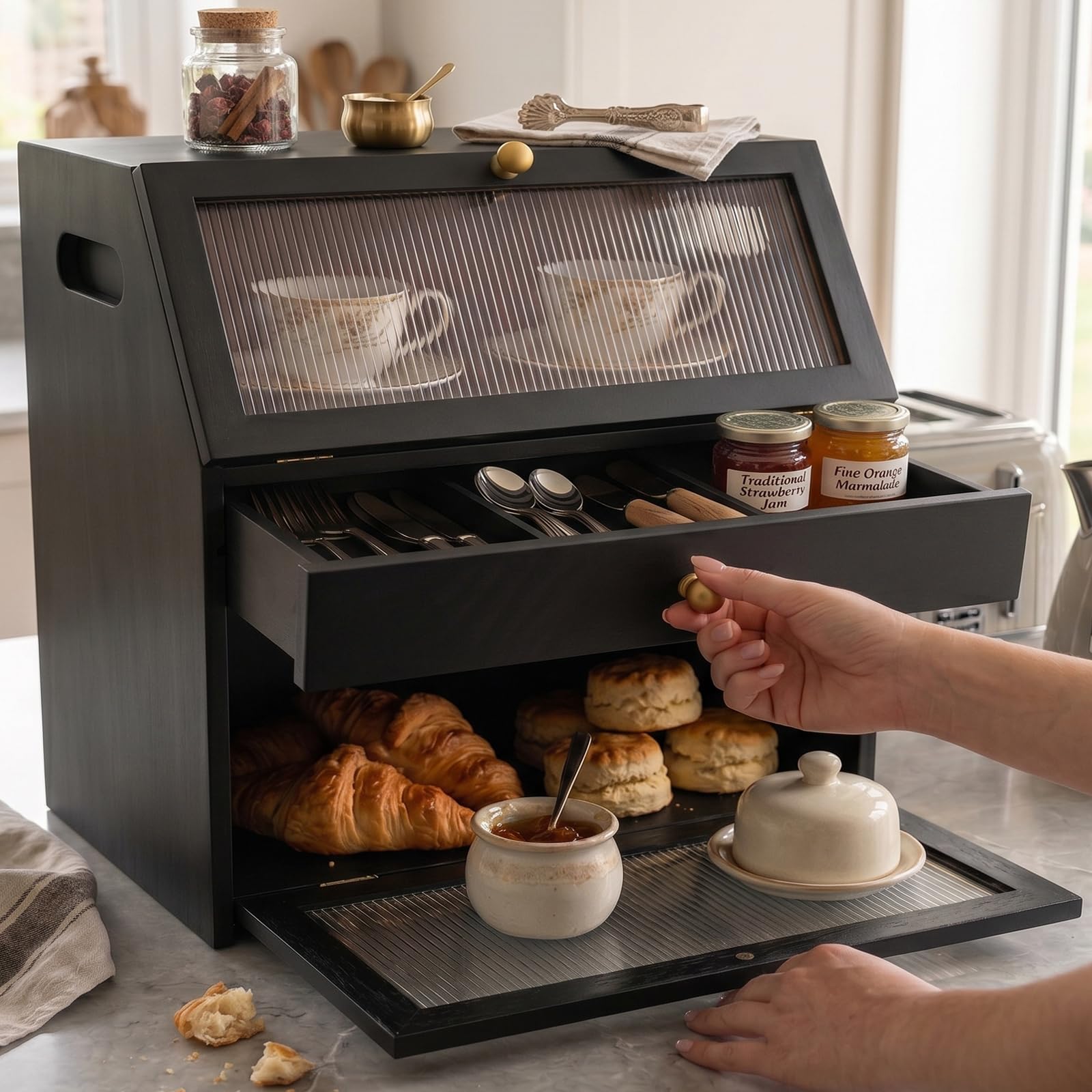 Bamboo Bread Bin Bread Bins for Kitchen Double Bread Box 2-Tier Storage Bins Black Desktop Organizer Counter Bread Keeper Pull-Out Drawer Dust-Proof Space-Saving Countertop Cabinet for Bedroom Office
