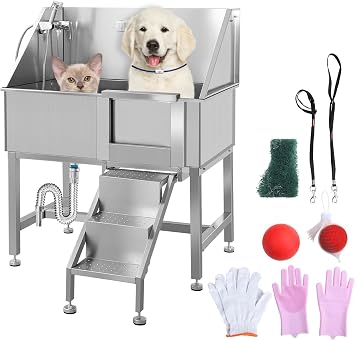 38" Pet Dog Bathing Station W/Ramp, Stainless Steel Professional Dog Grooming Tub for Large Dogs, Dog Bathtub Bathing Station, Dog Shower Tub with Stairs, Drain & Door