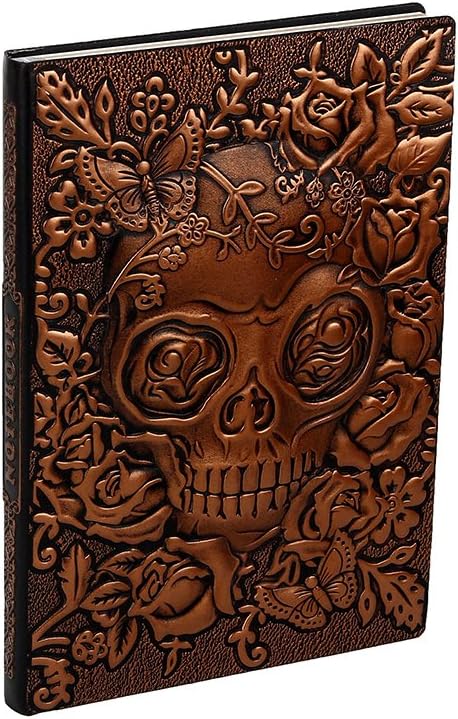 XUAN Vintage Leather Journal Notebook A5 Lined, Hardcover Writing Travel Diary Embossed Notepad Ruled Valentines Birthday Anniversary idea Gift for Adult Boy Girl Men Women 200 Pages, 3D Skull Copper
