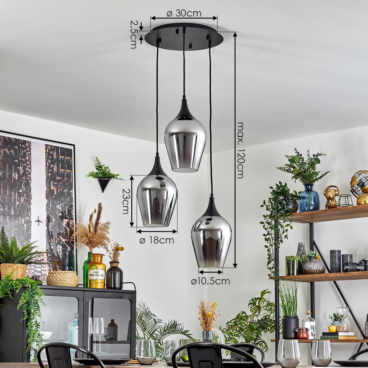 HOFSTEIN Hängeleuchte Lutarp, 3-flammige Hängelampe aus Metall/Glas in Schwarz/Rauchfarben, Retro/Vintage-Design (Ø 18cm), E27, Pendelleuchte höhenverstellbar bis 120cm, Esszimmer, Wohnzimmer, Küche