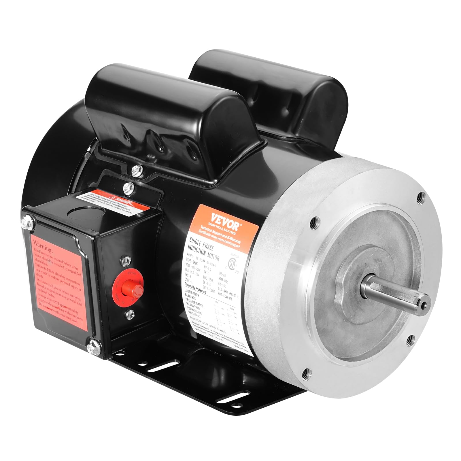 VEVOR 1.5HP Electric Motor 1725 RPM, AC 115V/230V, 56C Frame, Air Compressor Motor Single Phase, 5/8" Keyed Shaft, CW/CCW Rotation for Agricultural Machinery and General Equipment