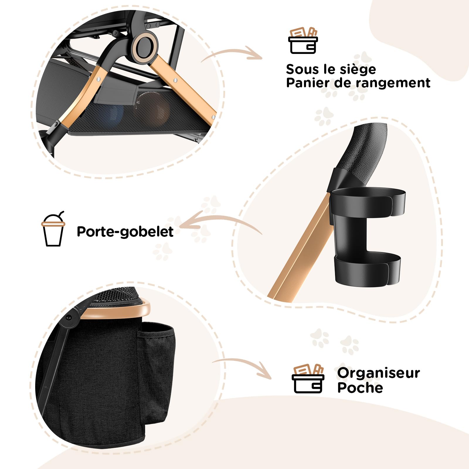GTPLAYER Poussette Chien 4-en-1, Poussette pour Chien Chat, Jusqu'à 25KG, Voyage Transporteur Amovible, Poussette Tout-terrain Pour Animaux de Compagnie, Or