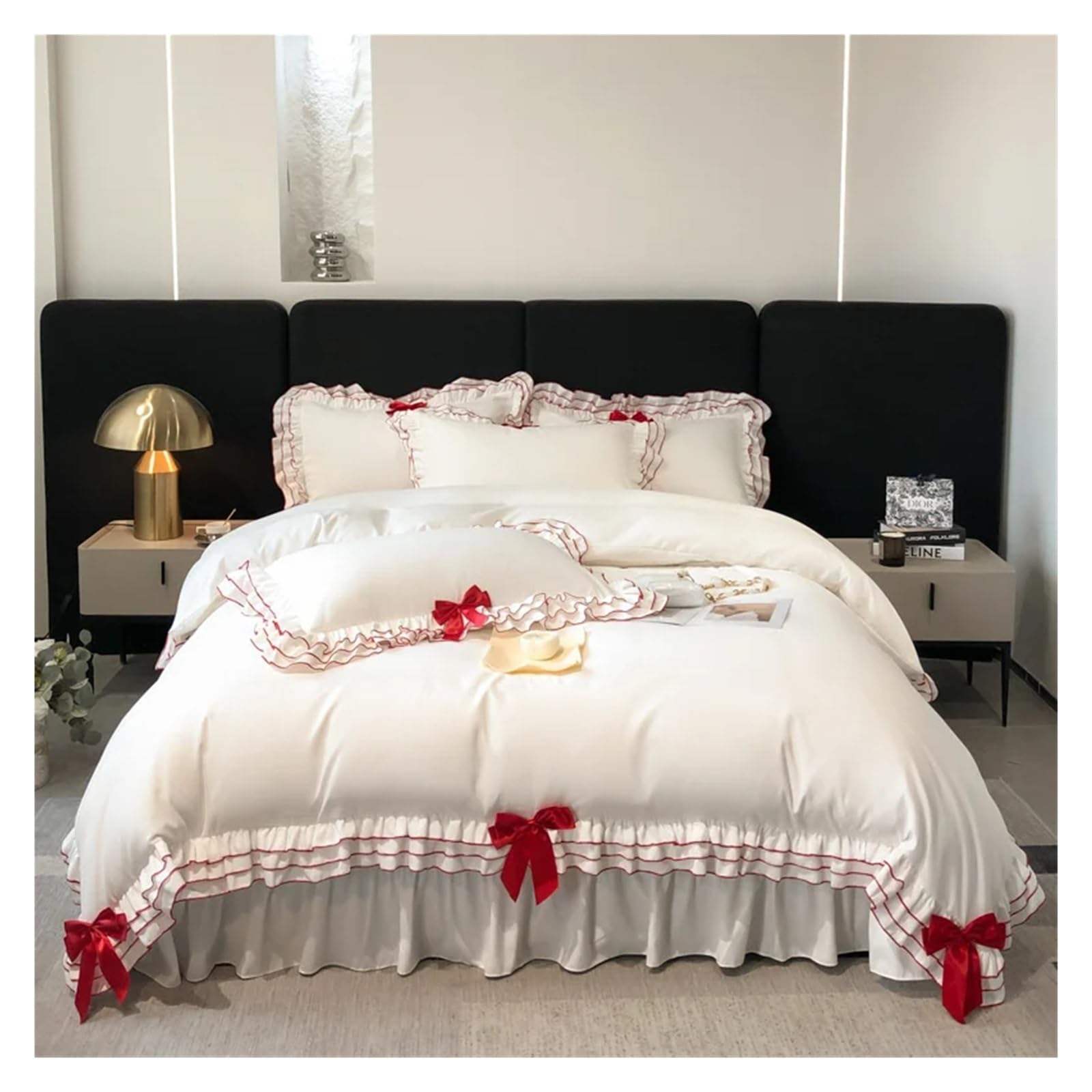 ALturn White Korean Style Lace Ruffles Black/Red Bow Princess Bedding Set Duvet Cover Bed Skirt Or Fitted Sheet Bed Sheet Pillowcases,All Season Comforter